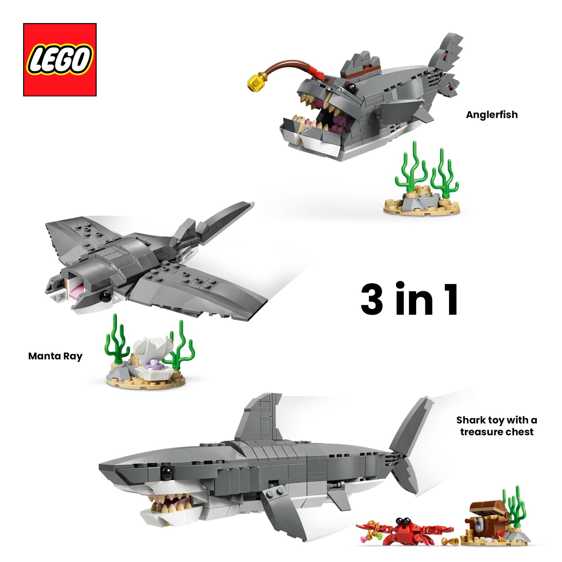 LEGO Creator 3 In 1 31381 Shark With Treasure Chest 379-Piece Building Set