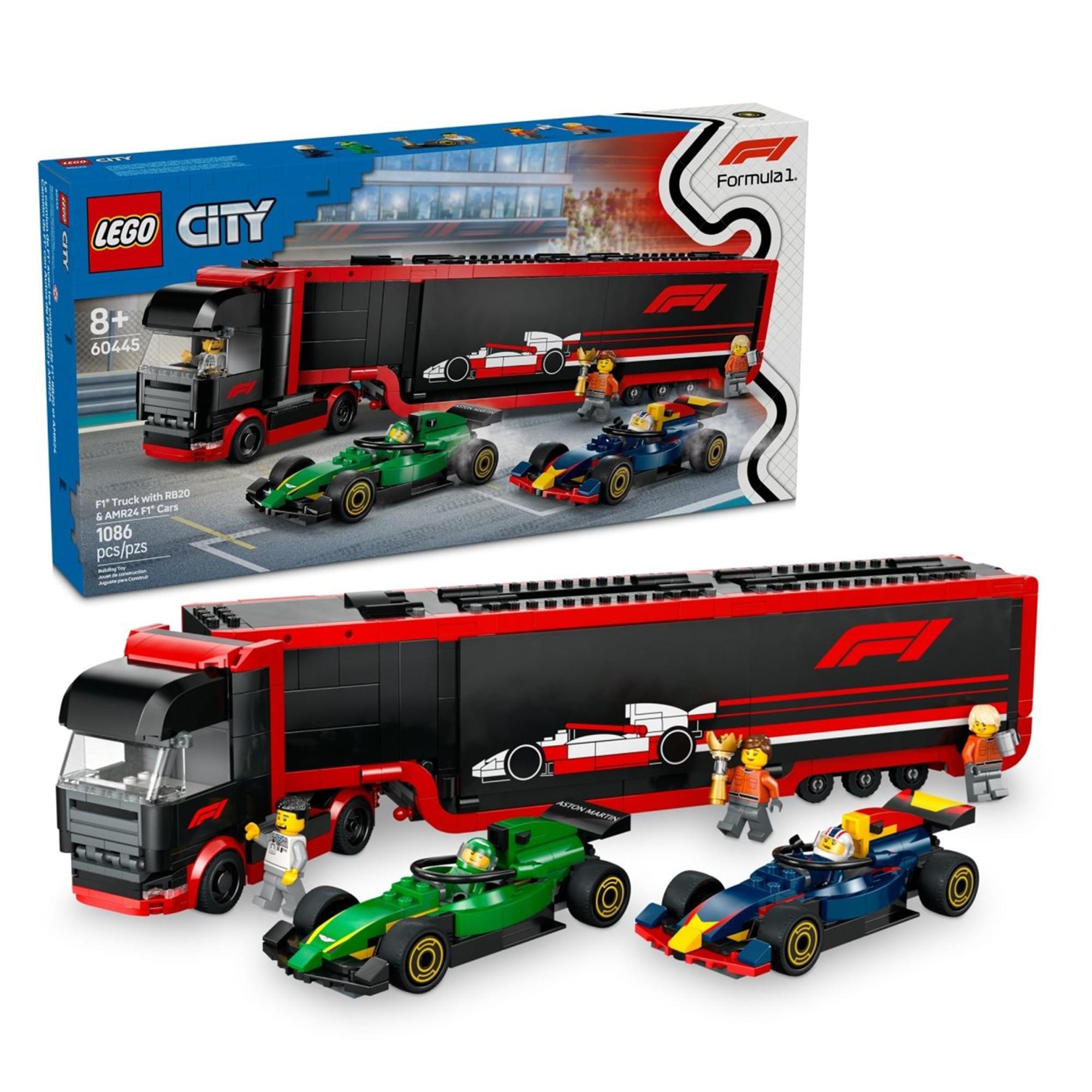 LEGO City 60445 F1 Truck with RB20 & AMR24 F1 Cars 1086 Piece Building Set