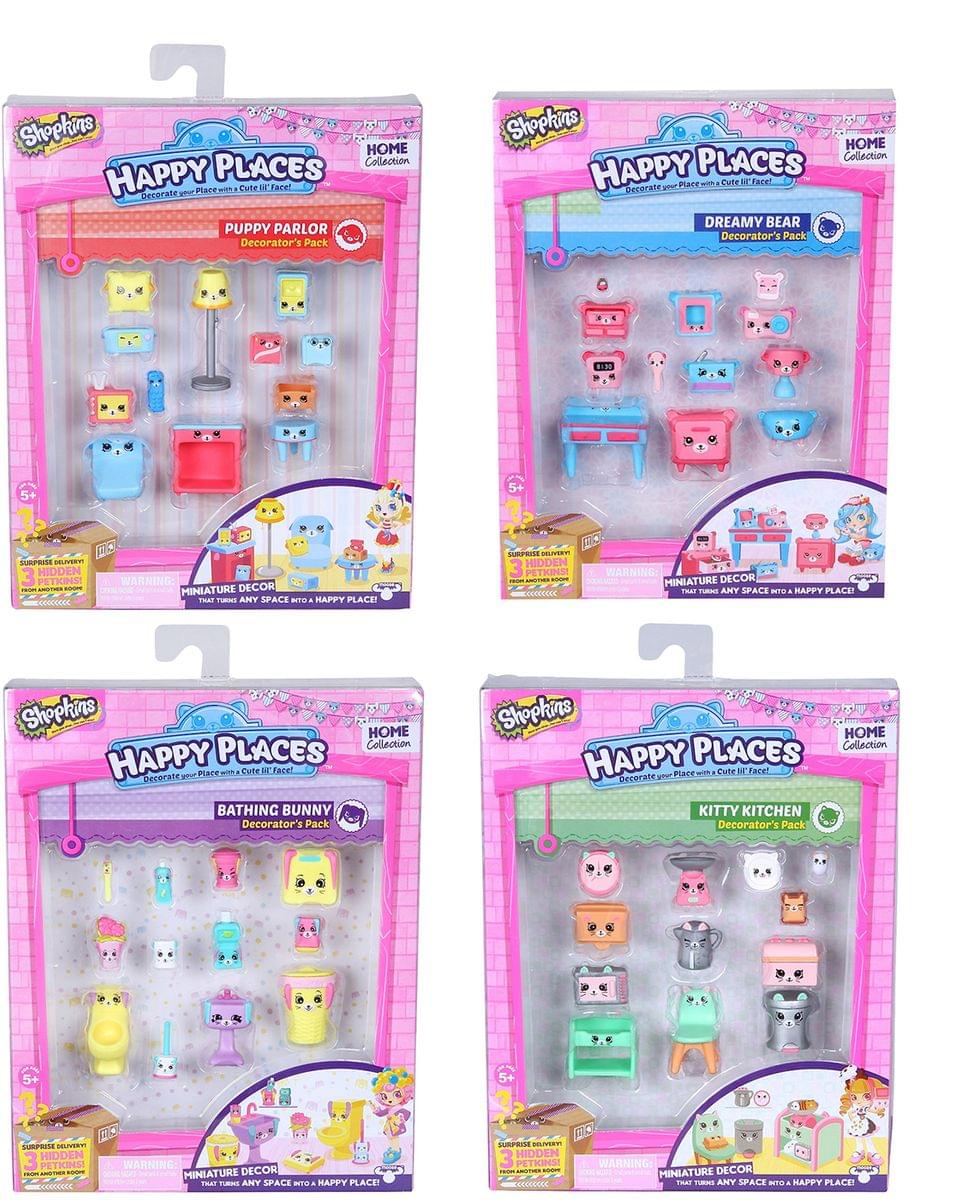 Shopkins Happy Places Decorator Pack Series 1, Set of 4: Kitty Kitchen, Dreamy Bear, Bathing Bunny & Puppy Parlor