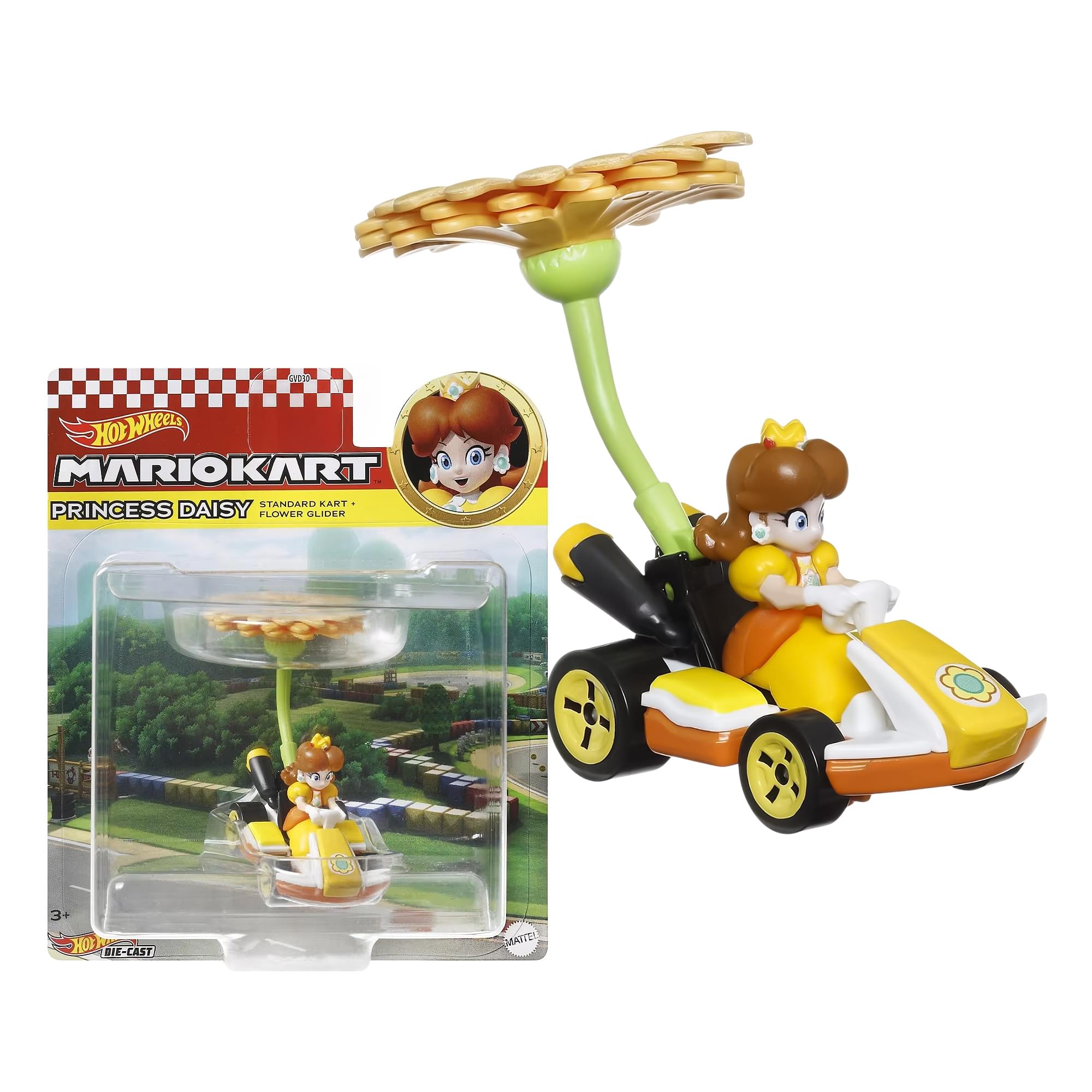 Hot Wheels 1:64 Scale Mario Kart | Princess Daisy Standard Kart + Flower Glider
