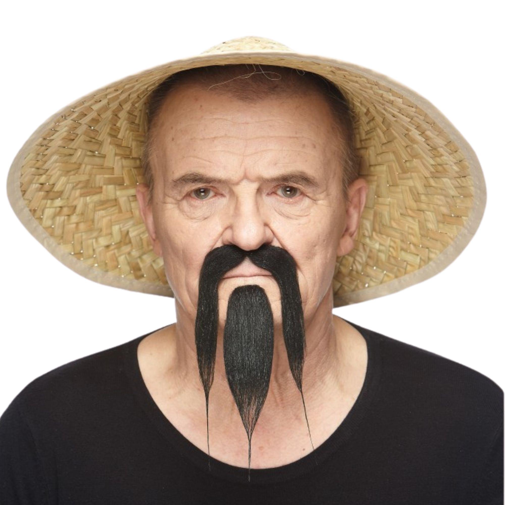 Long Chinese Black Beard & Moustache Adult Costume Accessory Set