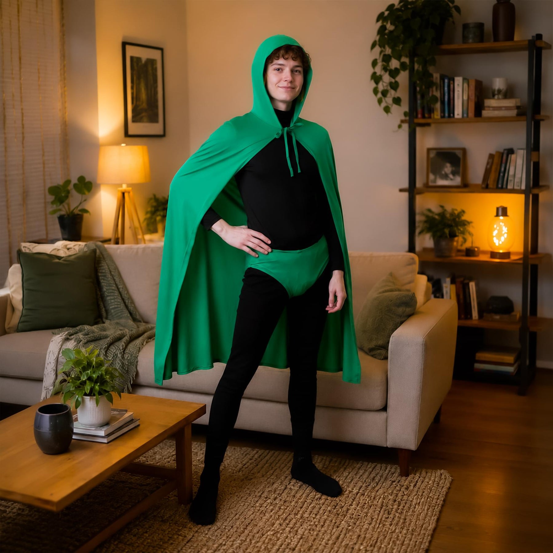 Green Hooded Superhero Cape & Pants Adult Costume Kit