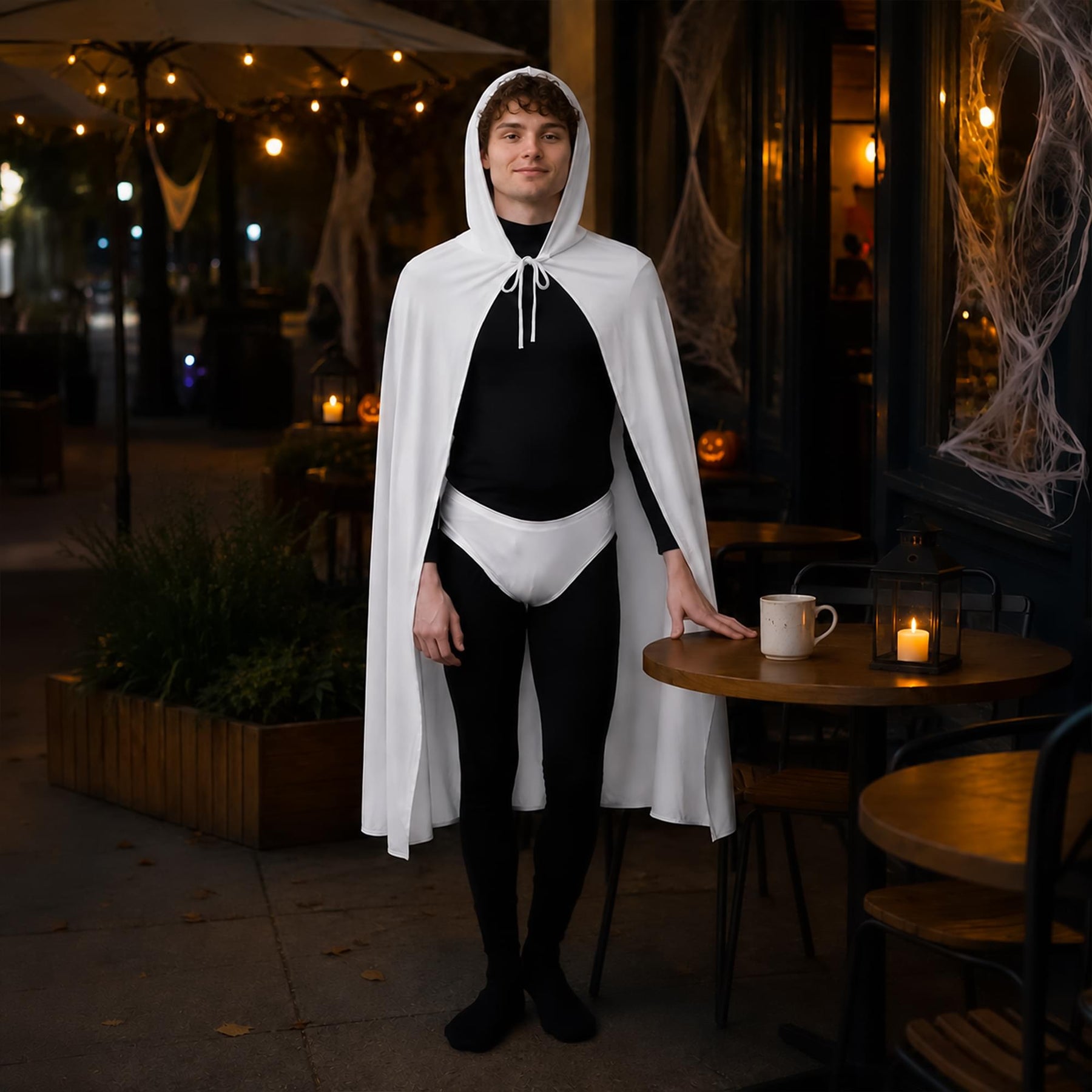 White Hooded Superhero Cape & Pants Adult Costume Kit