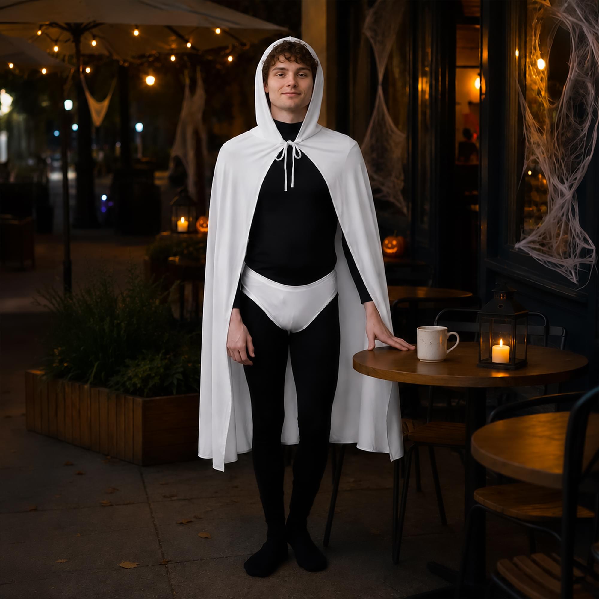 White Hooded Superhero Cape & Pants Adult Costume Kit