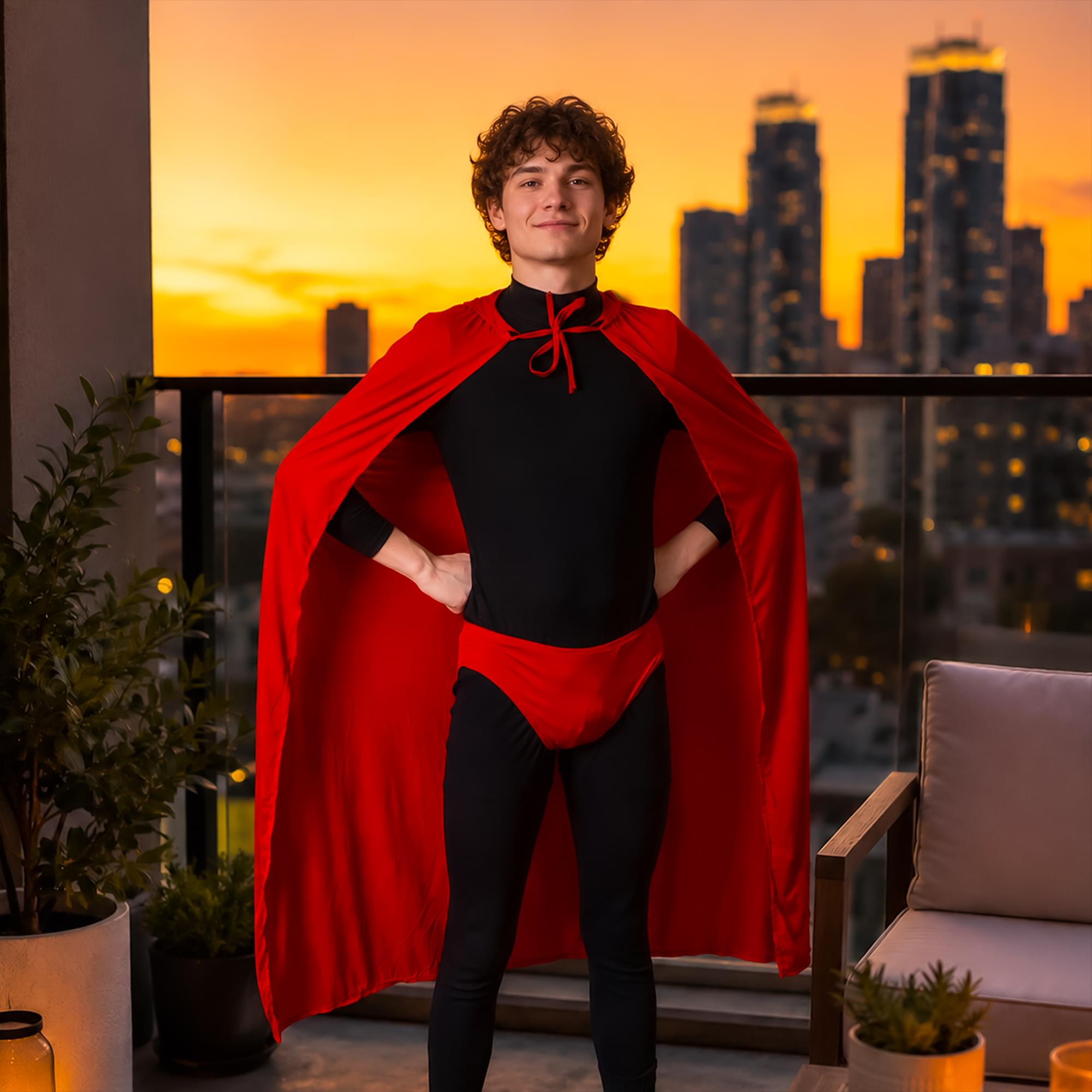 Red Hooded Superhero Cape & Pants Adult Costume Kit