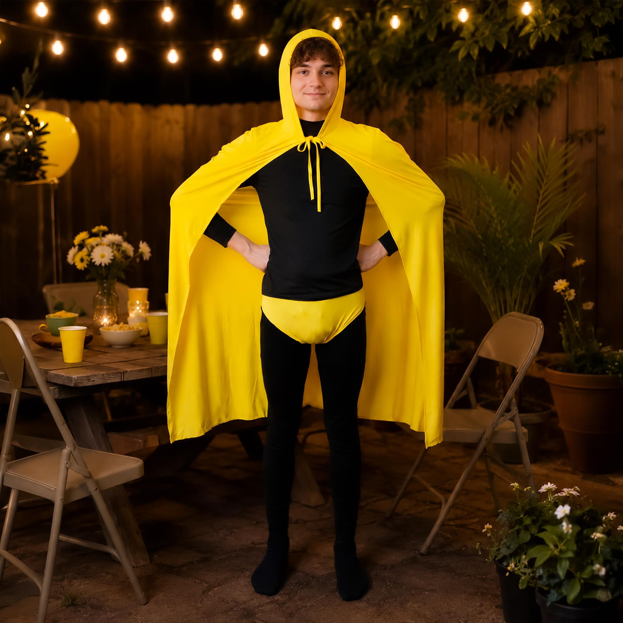 Yellow Hooded Superhero Cape & Pants Adult Costume Kit