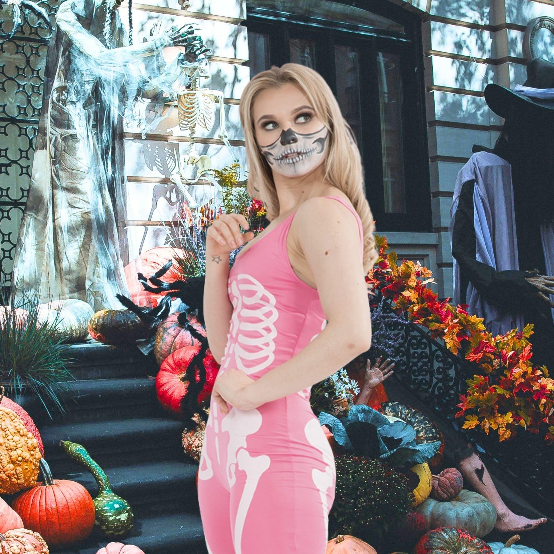 Skeleton Jumpsuit (pink) Costume Large
