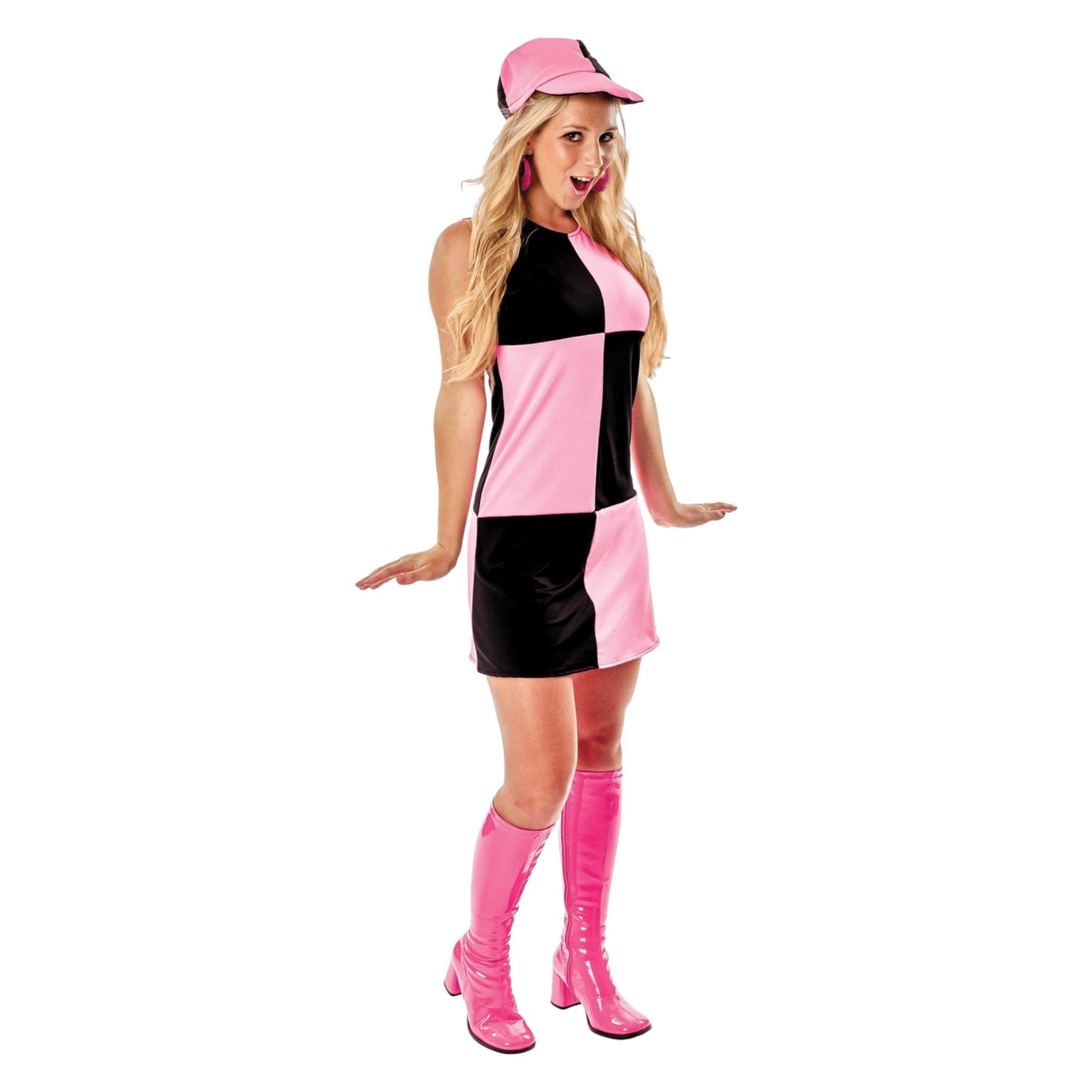 60s Black & Pink Chequered Dress Costume Accessory