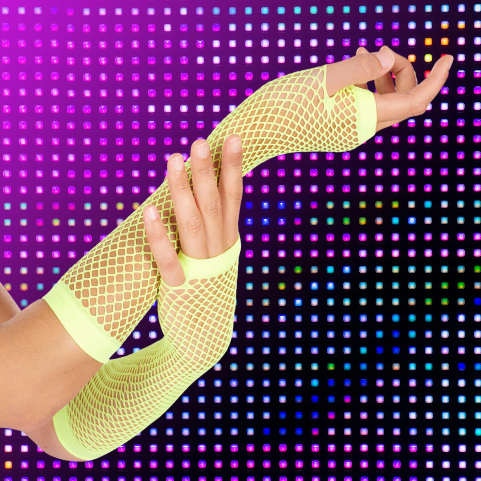 Neon Fishnet Gloves Yellow Yellow Costume Accessory