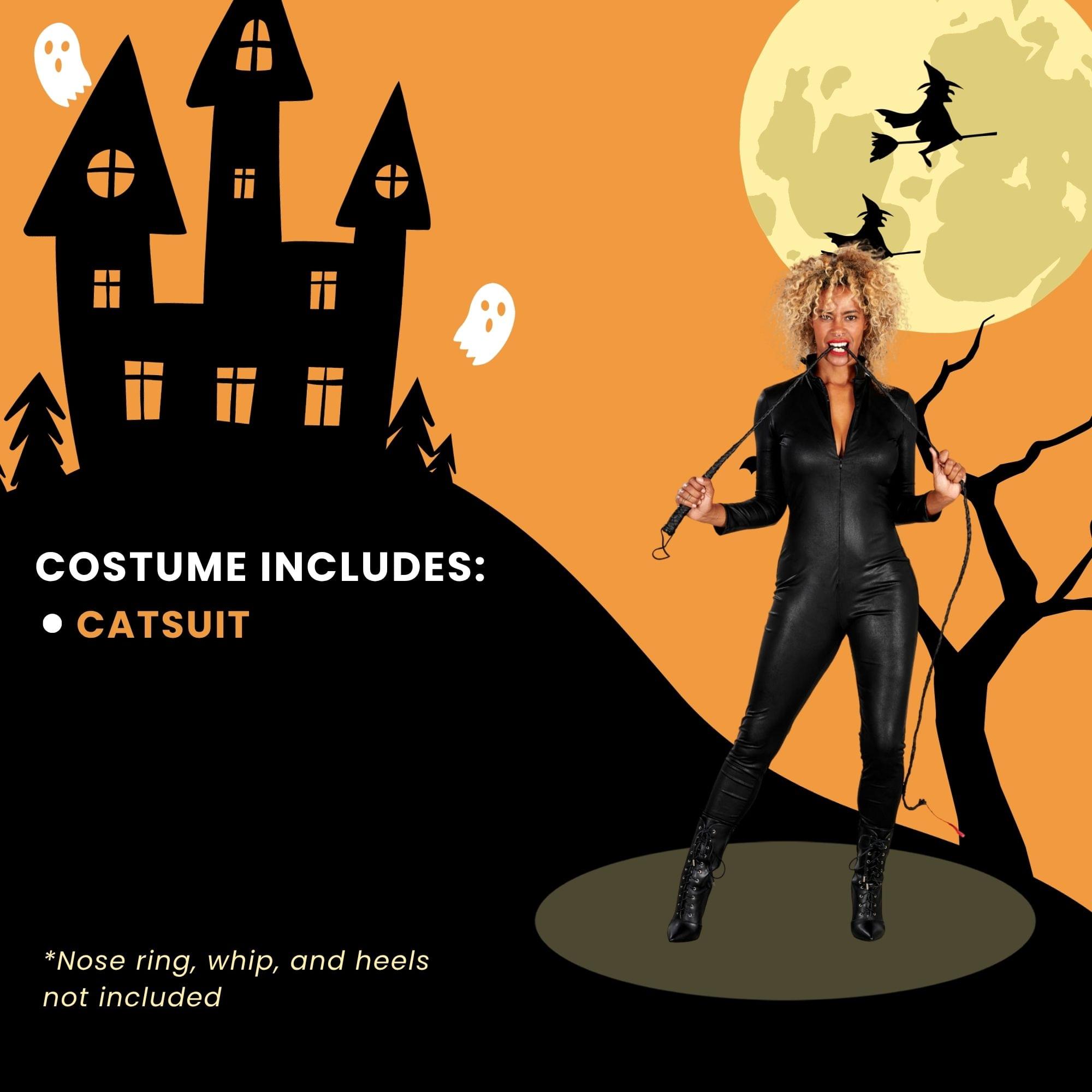 Women Black Leather Look Catsuit Extra Adult Costume