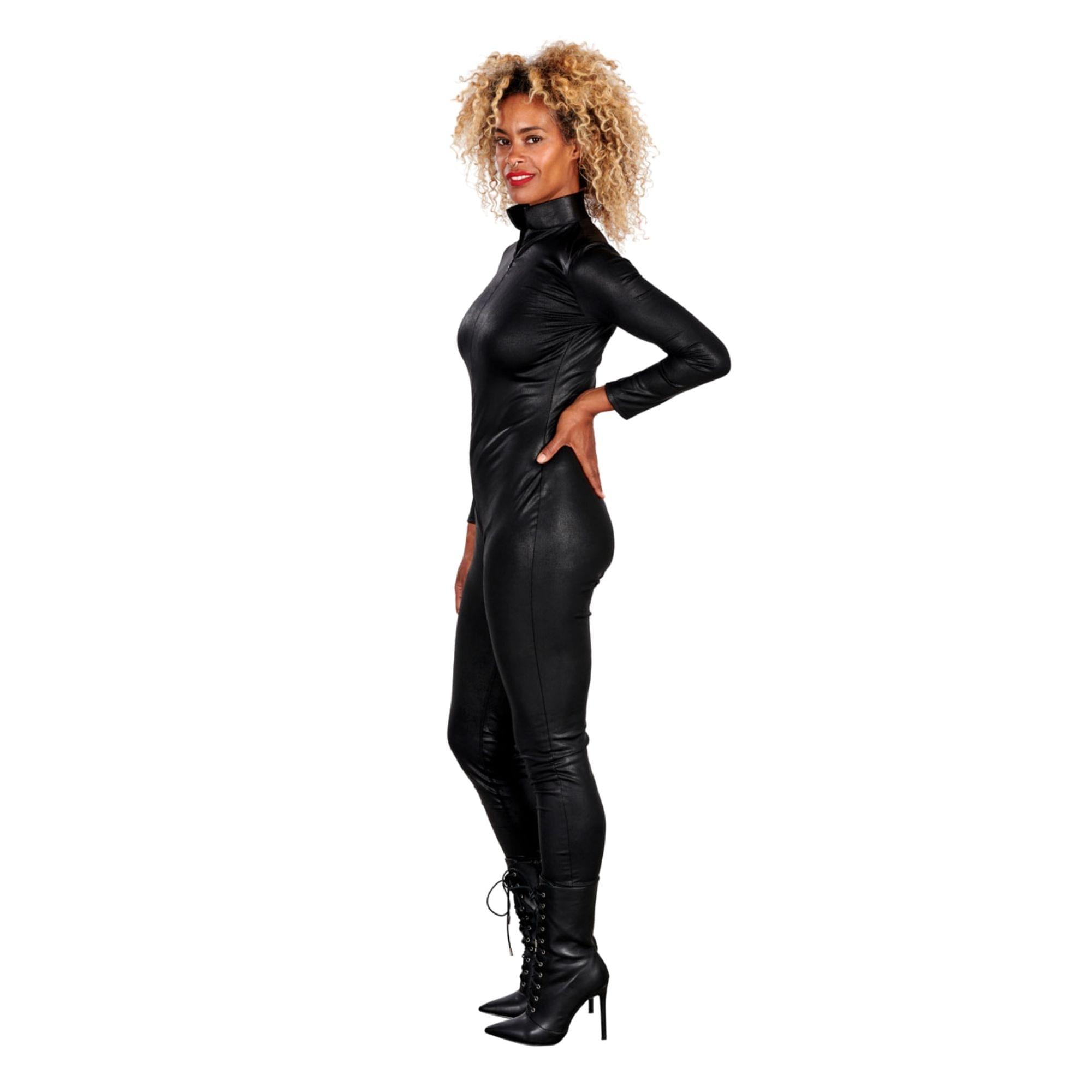 Women Black Leather Look Catsuit Extra Adult Costume