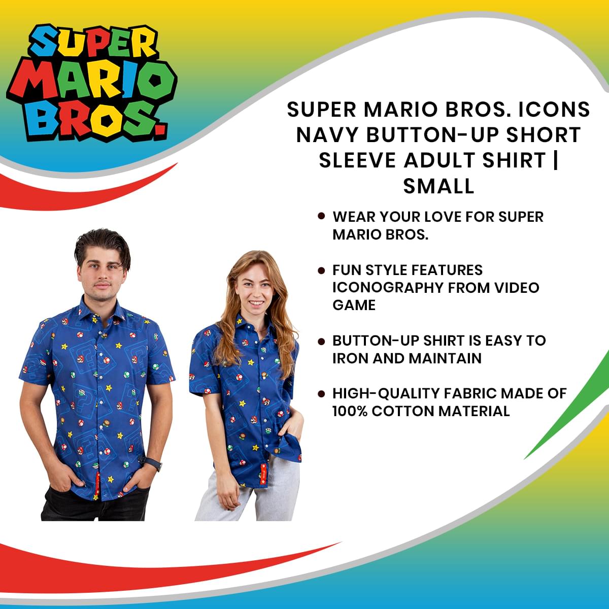 Super Mario Bros. Icons Navy Button-Up Short Sleeve Adult Shirt