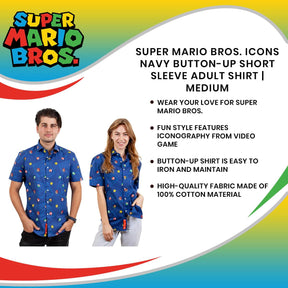 Super Mario Bros. Icons Navy Button-Up Short Sleeve Adult Shirt