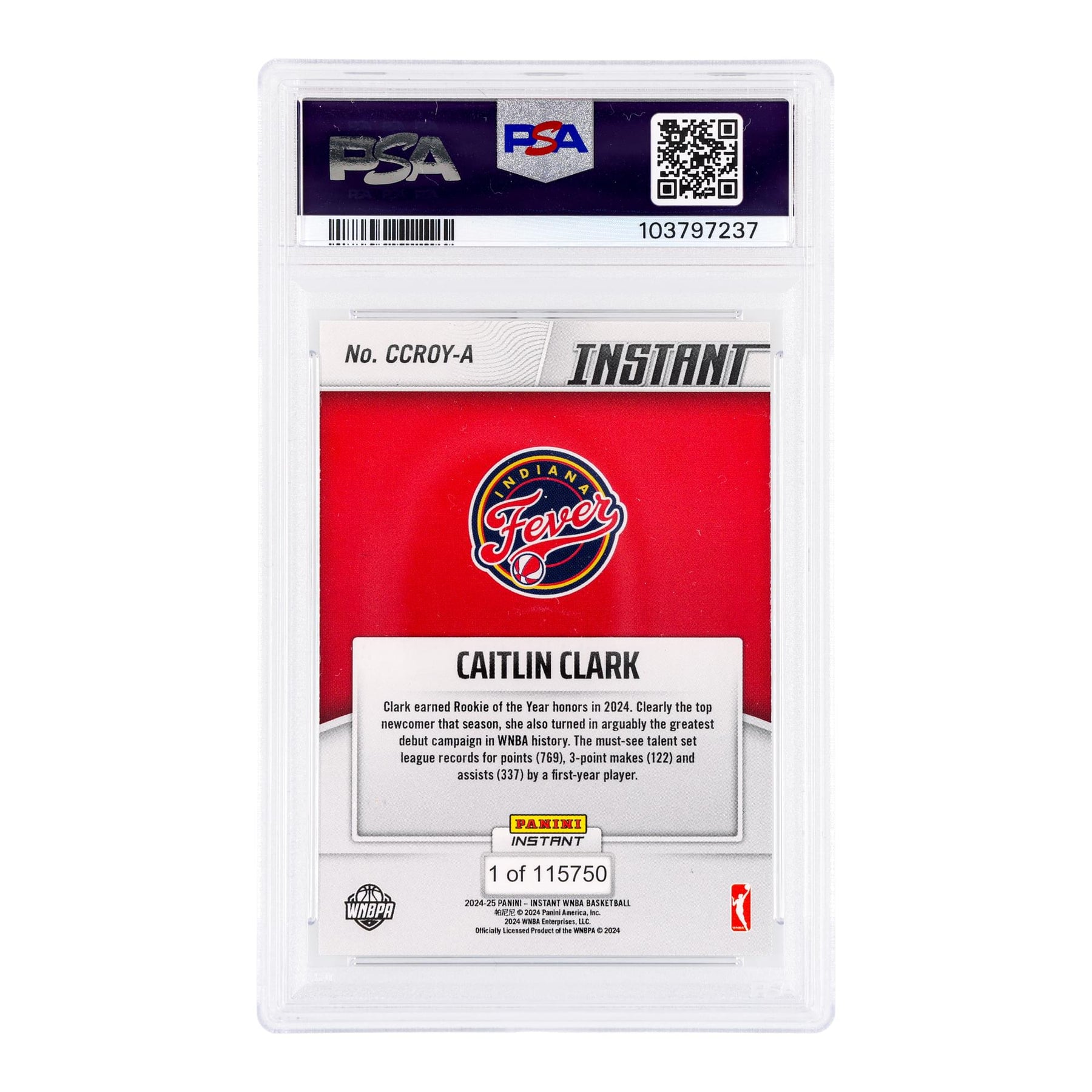 WNBA 2024 Panini Instant Caitlin Clark Rookie Of The Year Card | PSA 10