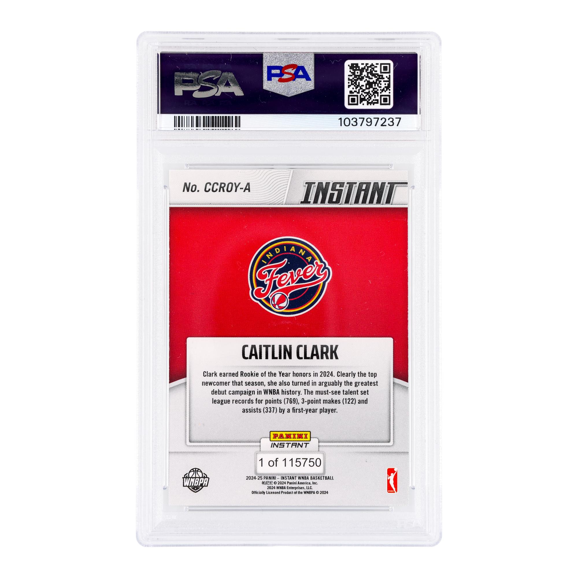 WNBA 2024 Panini Instant Caitlin Clark Rookie Of The Year Card | PSA 10