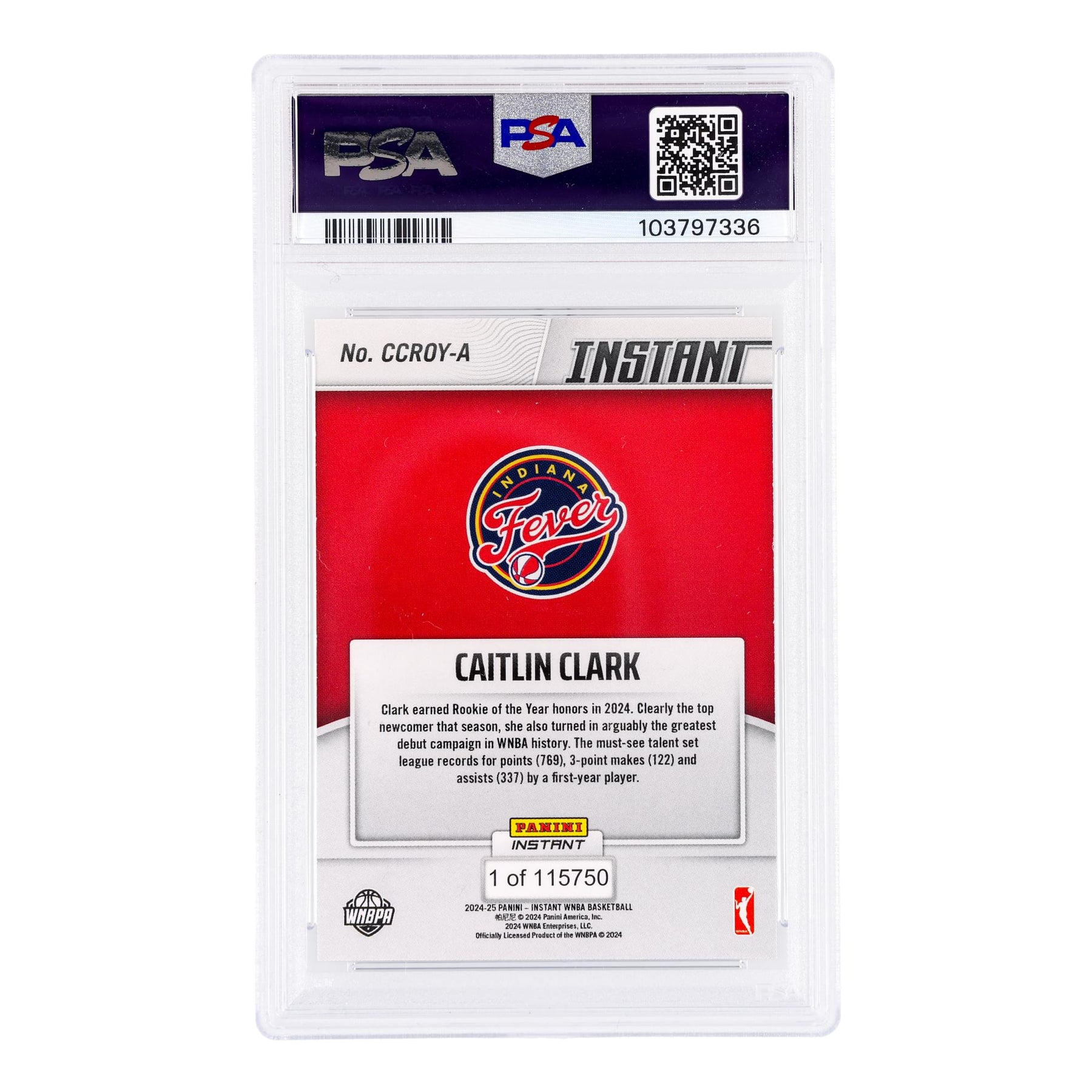 WNBA 2024 Panini Instant Caitlin Clark Rookie Of The Year Card | PSA 9