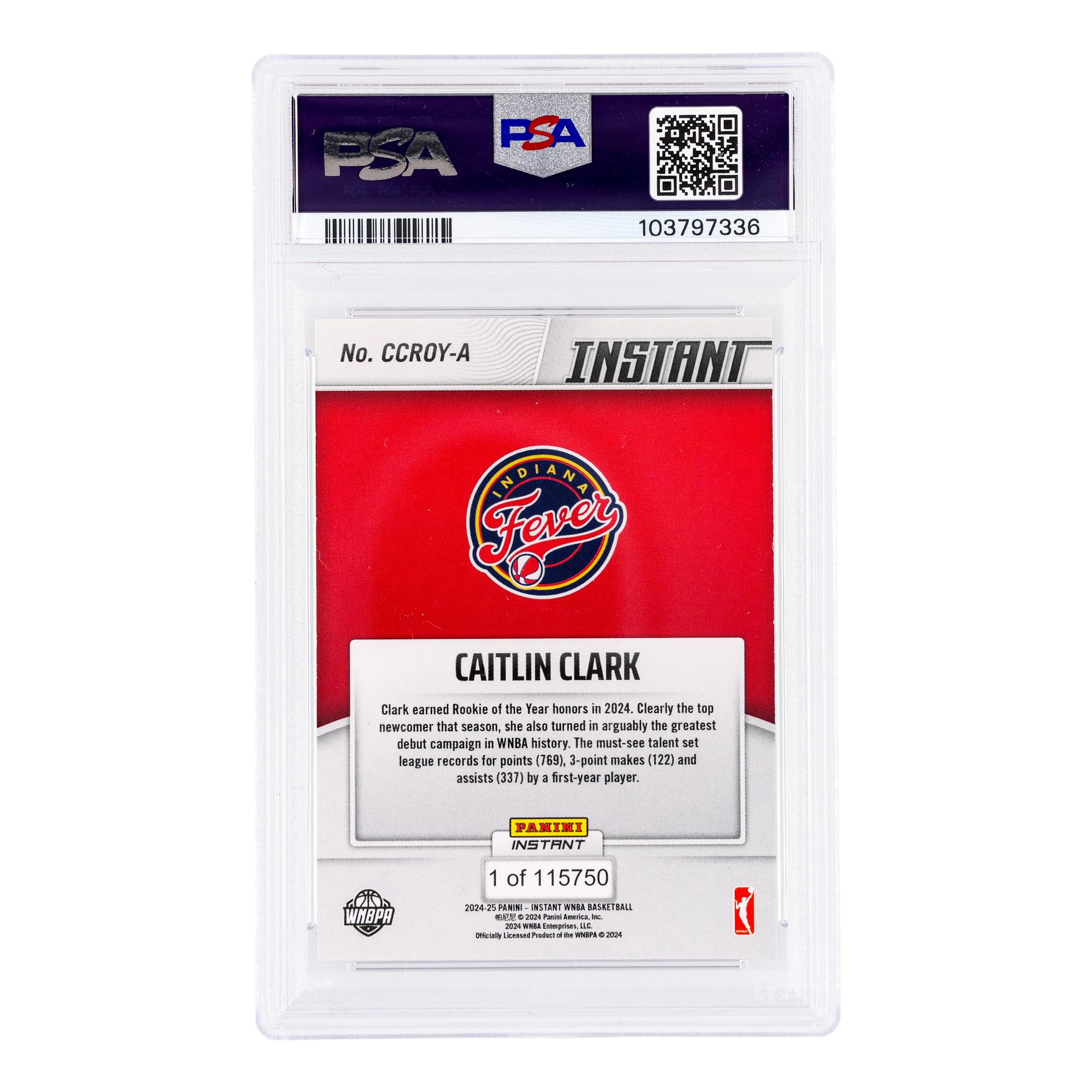 WNBA 2024 Panini Instant Caitlin Clark Rookie Of The Year Card | PSA 9