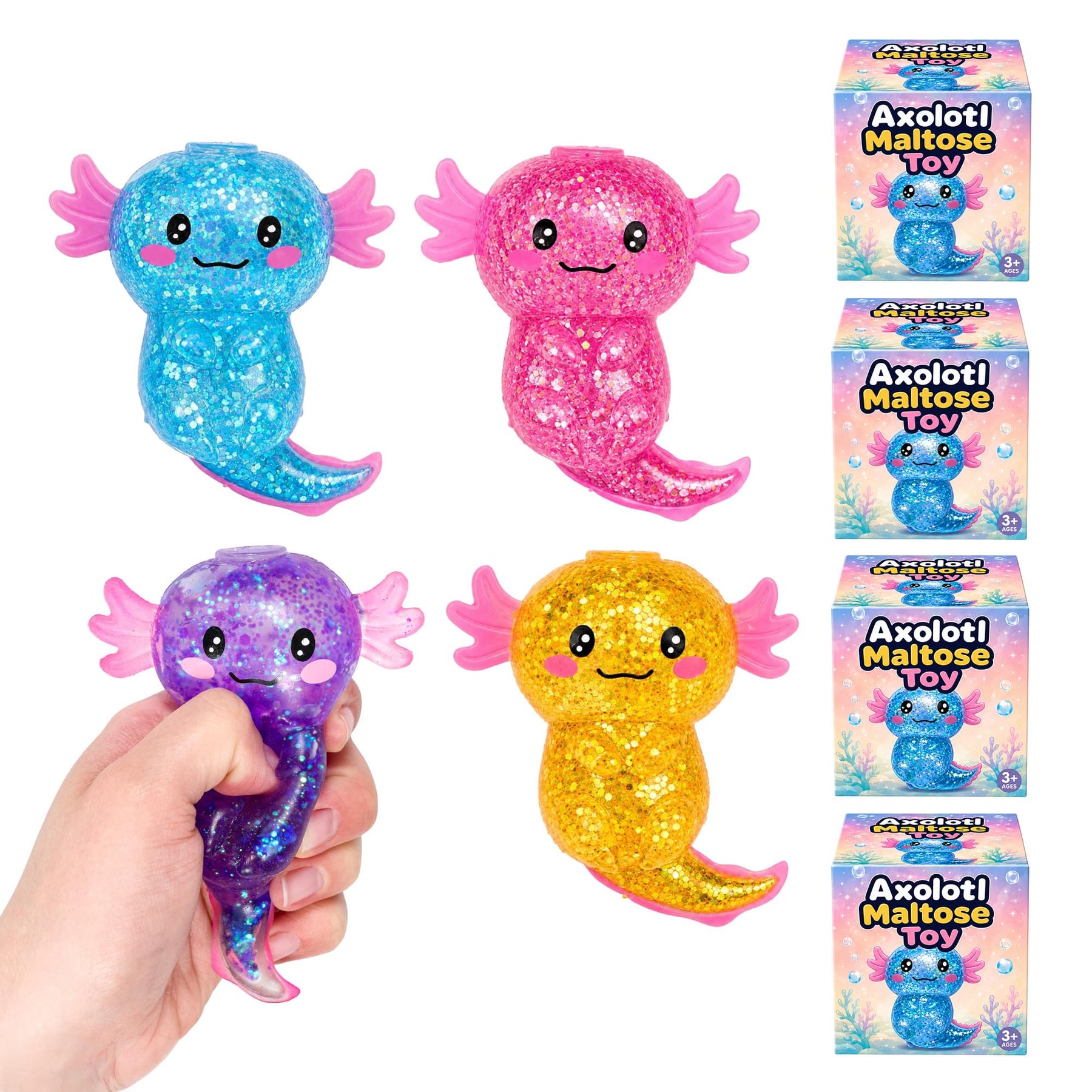 Glitter Axolotl 4-Inch Squishy Stress Relievers | Set Of 4