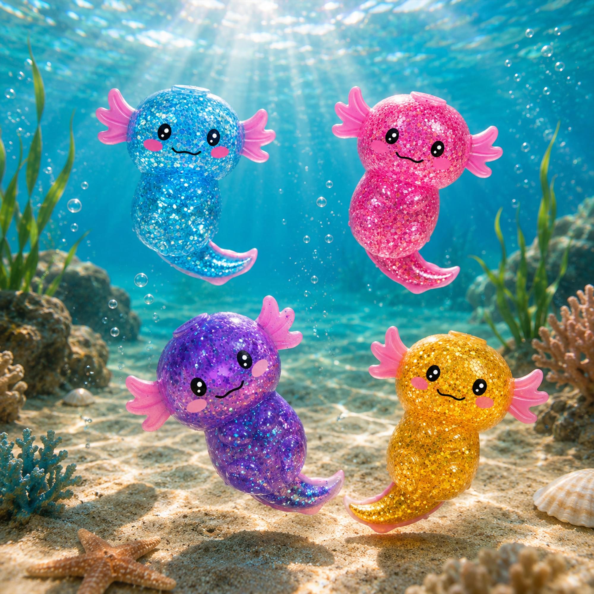 Glitter Axolotl 4-Inch Squishy Stress Relievers | Set Of 4