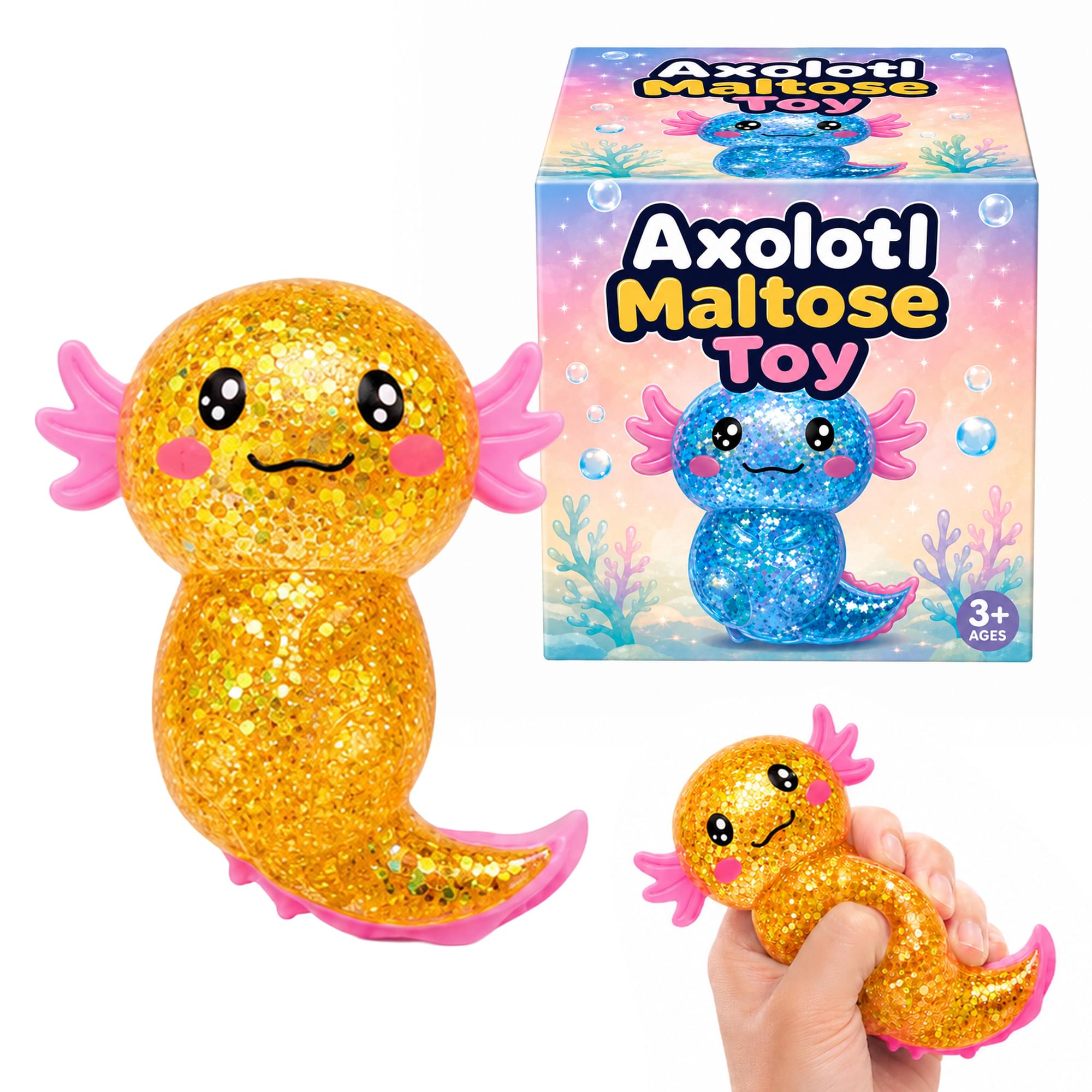 Glitter Axolotl 4-Inch Squishy Stress Reliever | Orange