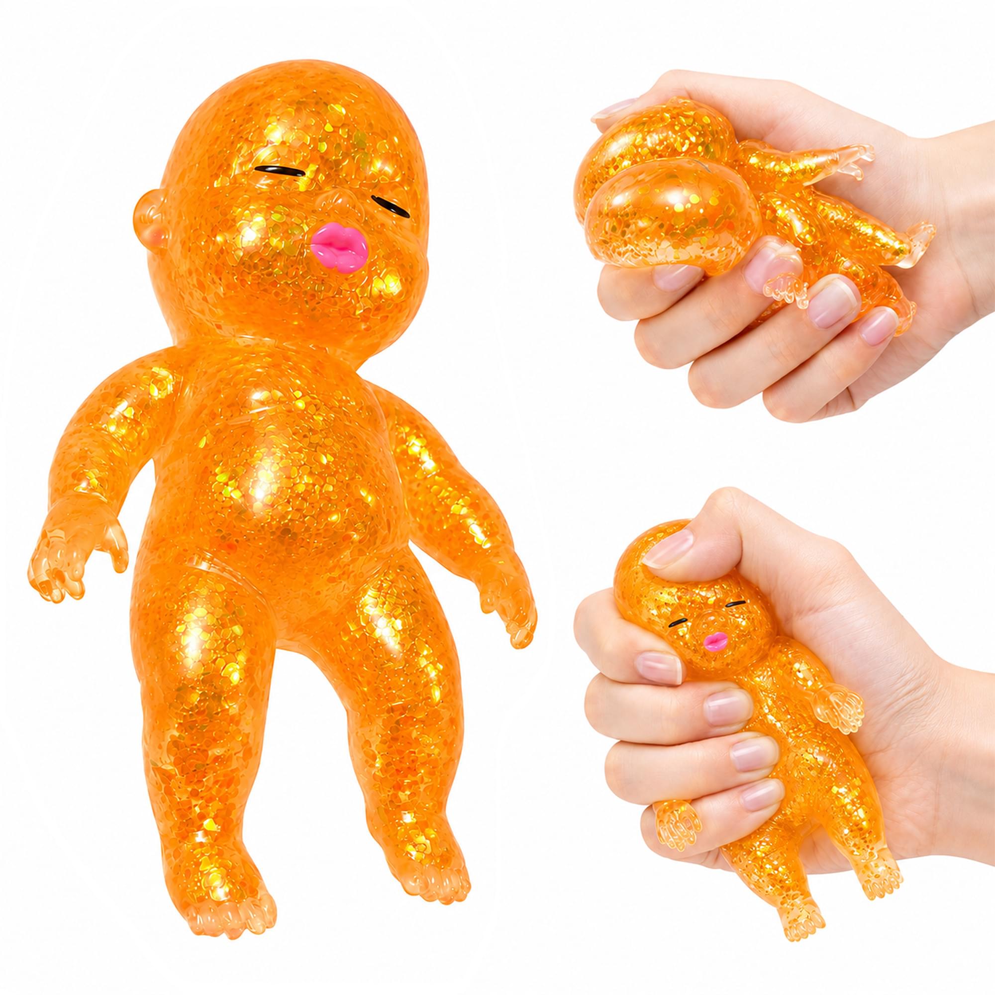 Squishy Glitter Baby 4-Inch Stress Reliever | Orange