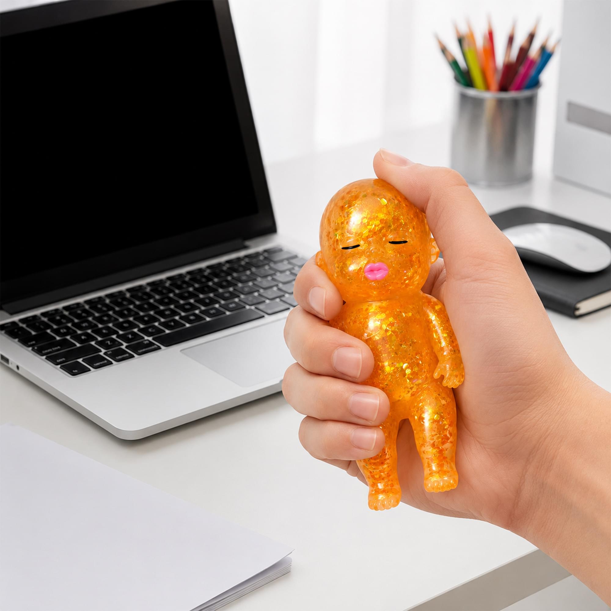 Squishy Glitter Baby 4-Inch Stress Reliever | Orange