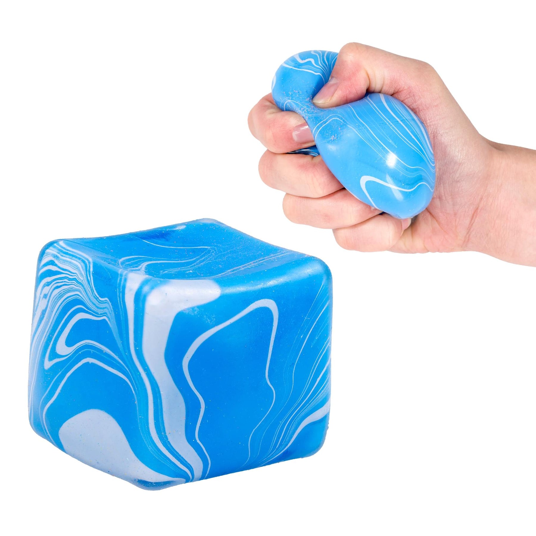 Marble Swirl Squishy Cube 2.5-Inch Stress Reliever | Blue & White
