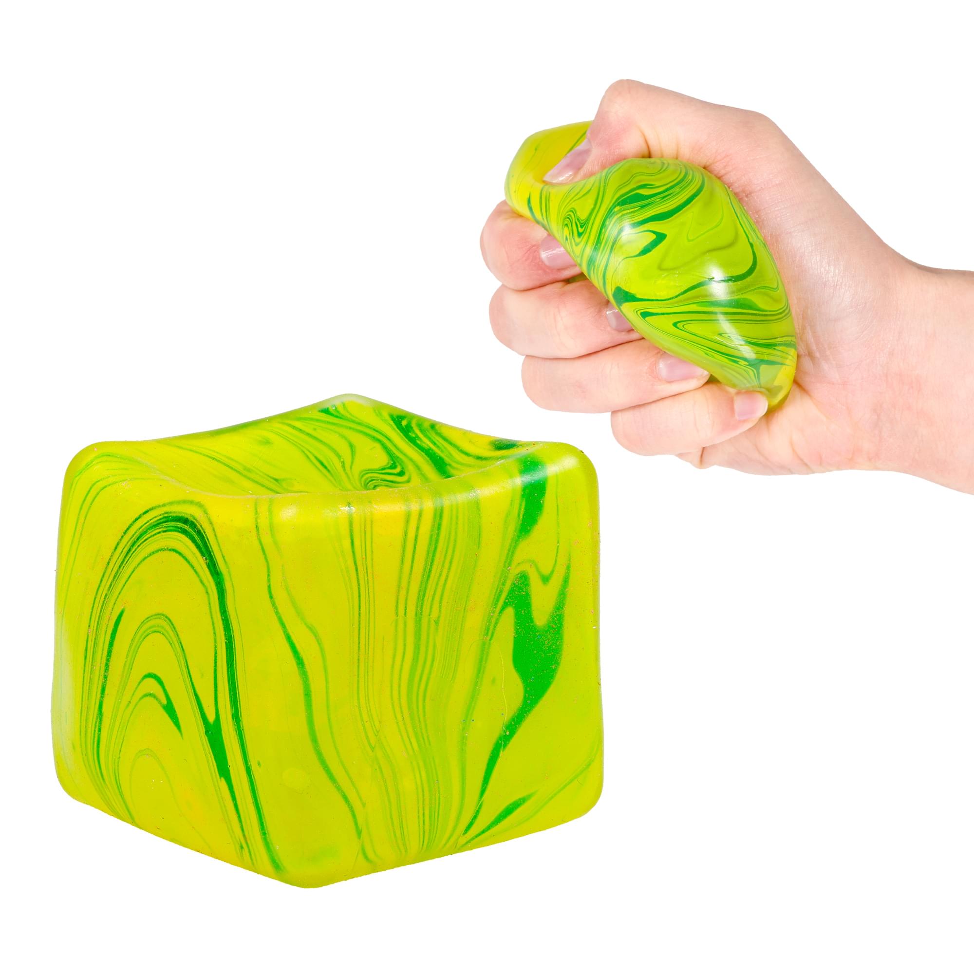 Marble Swirl Squishy Cube 2-Inch Stress Reliever | Green & Yellow