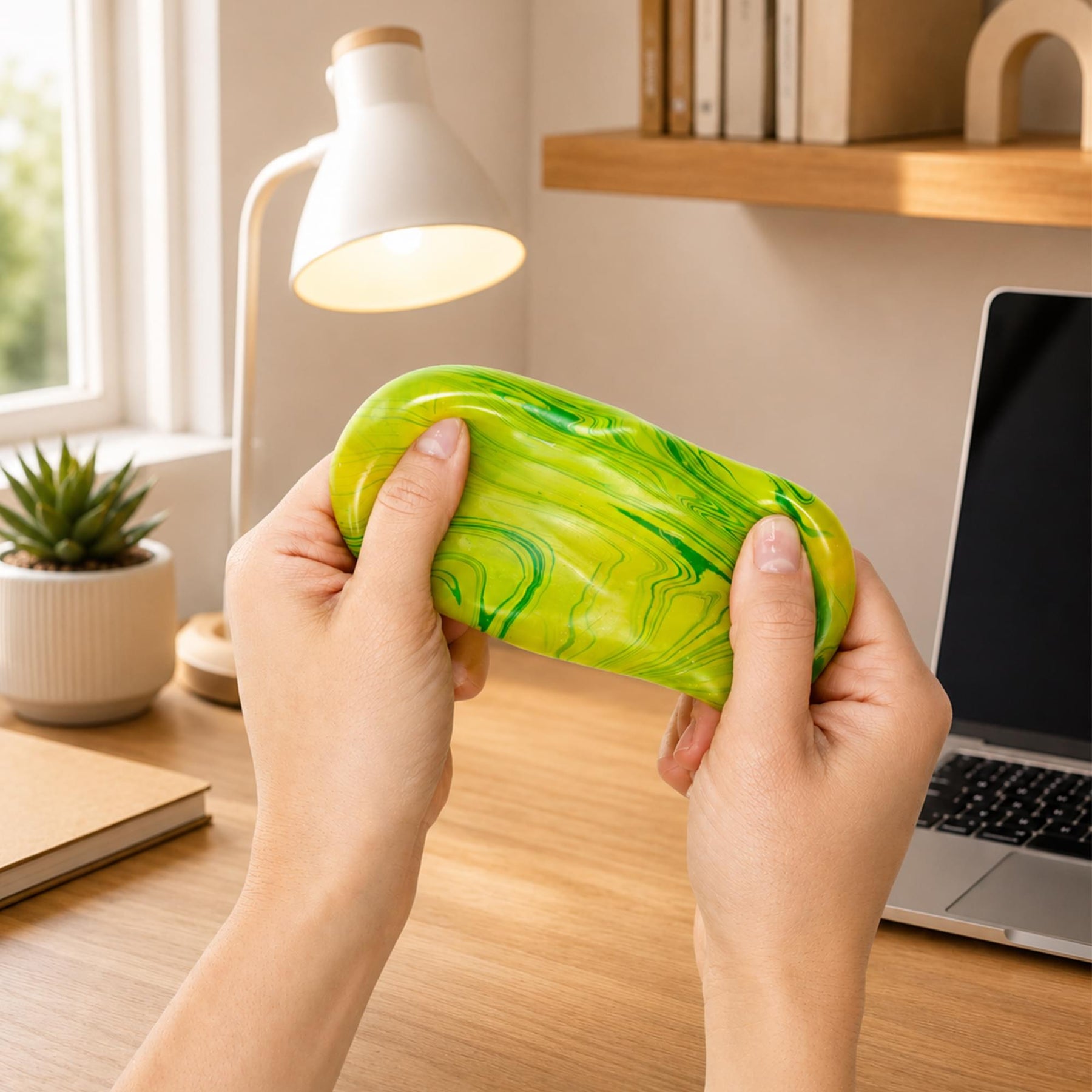 Marble Swirl Squishy Cube 2-Inch Stress Reliever | Green & Yellow