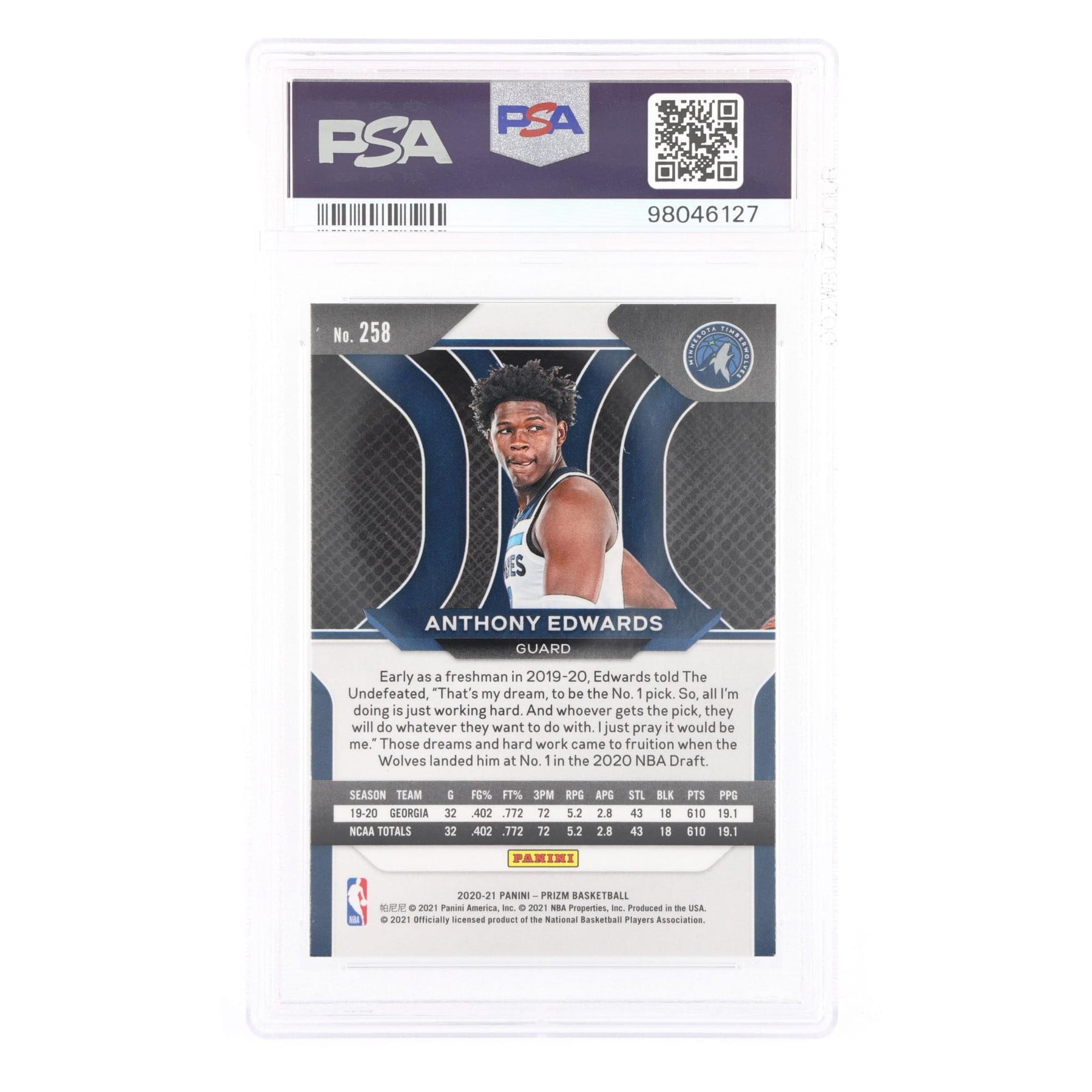 2020 Panini Prizm NBA Anthony Edwards #258 Rookie Card PSA 9
