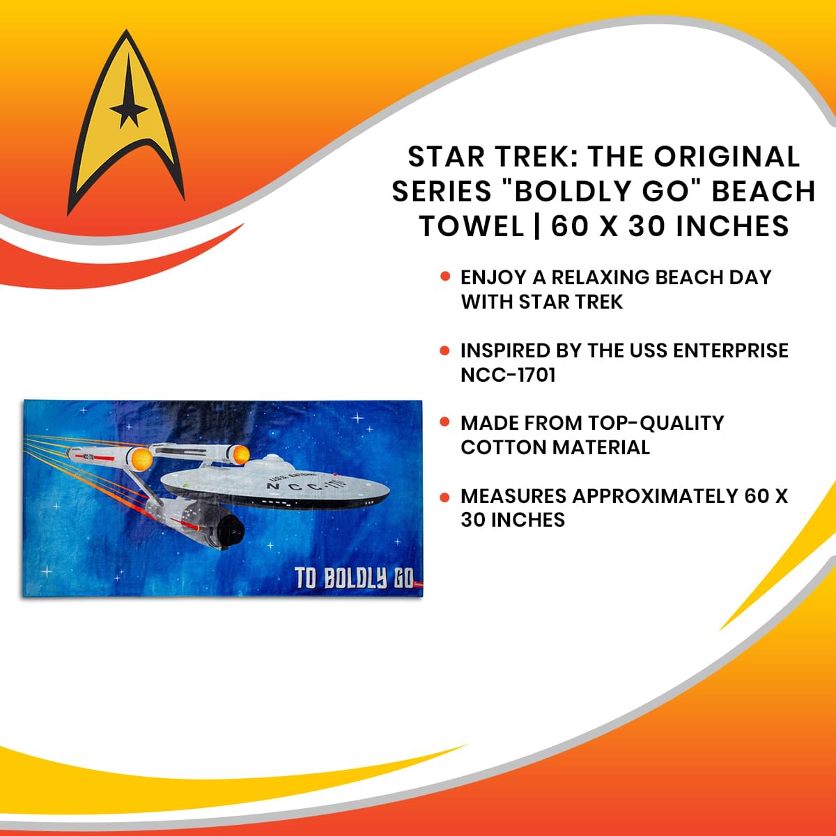 Star Trek: The Original Series "Boldly Go" Beach Towel | 60 x 30 Inches