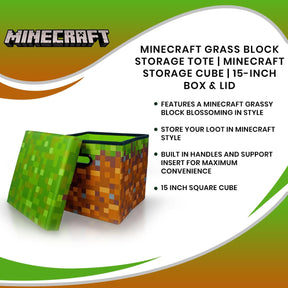 Minecraft Grass Block Storage Tote | Minecraft Storage Cube | 15-Inch Box & Lid