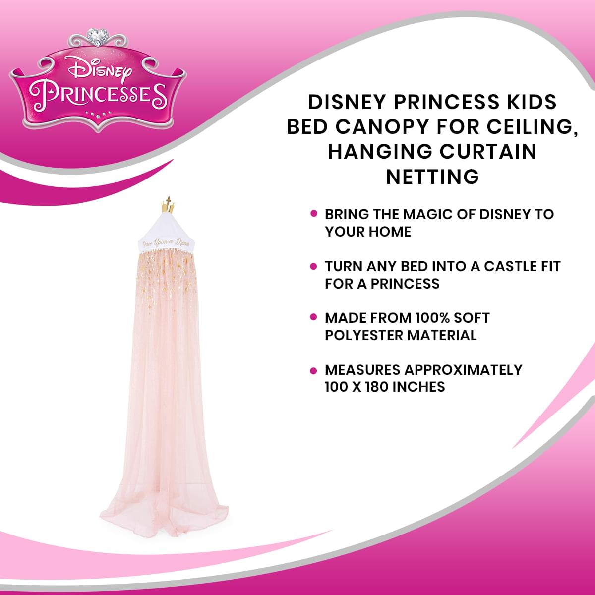 Disney Princess Kids Bed Canopy for Ceiling, Hanging Curtain Netting