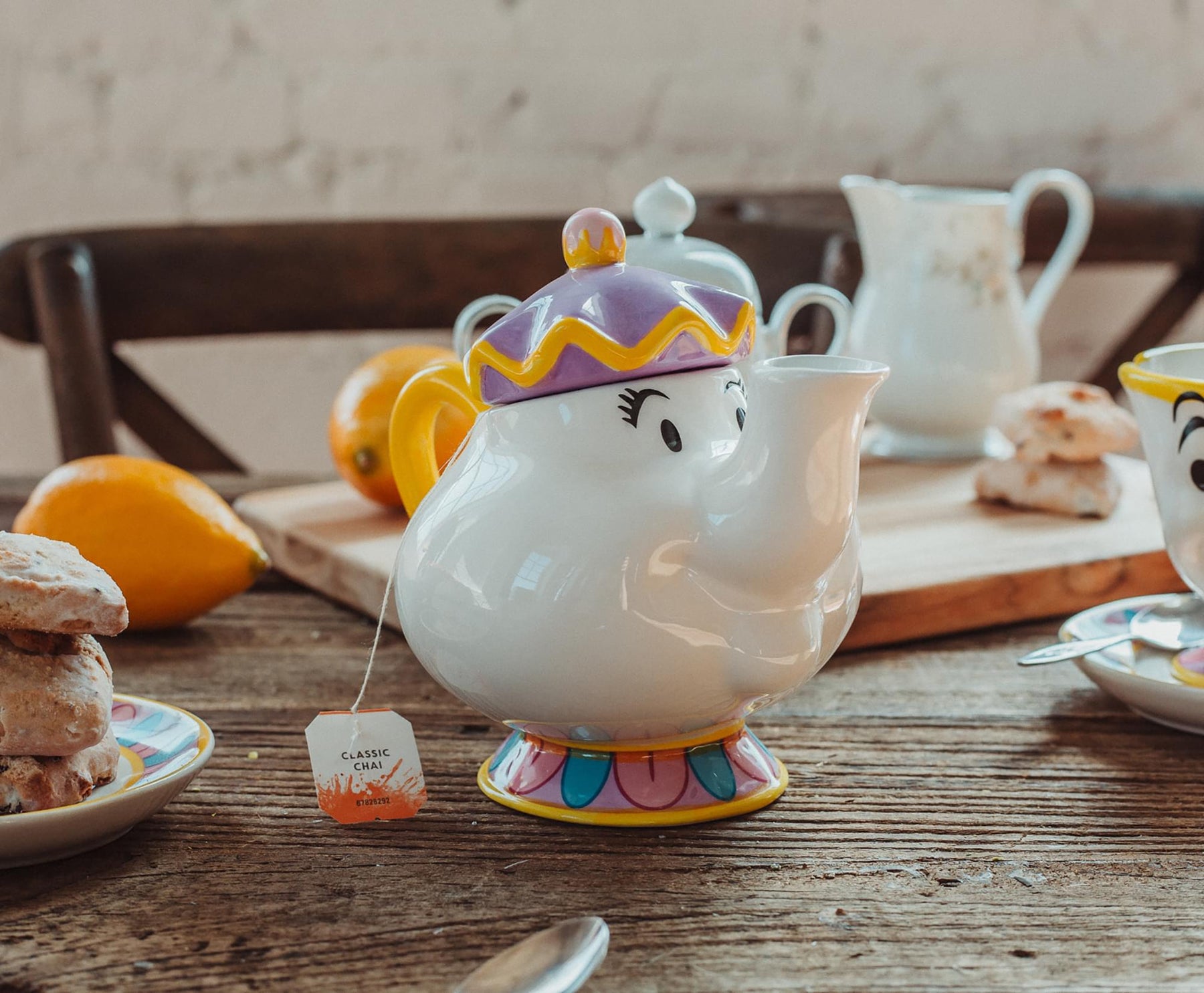 Disney Beauty and the Beast Mrs. Potts Teapot Set With 2 Chip Cups and Saucers