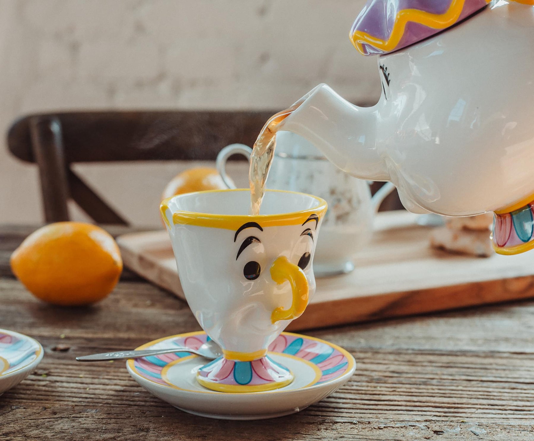 Disney Beauty and the Beast Mrs. Potts Teapot Set With 2 Chip Cups and Saucers