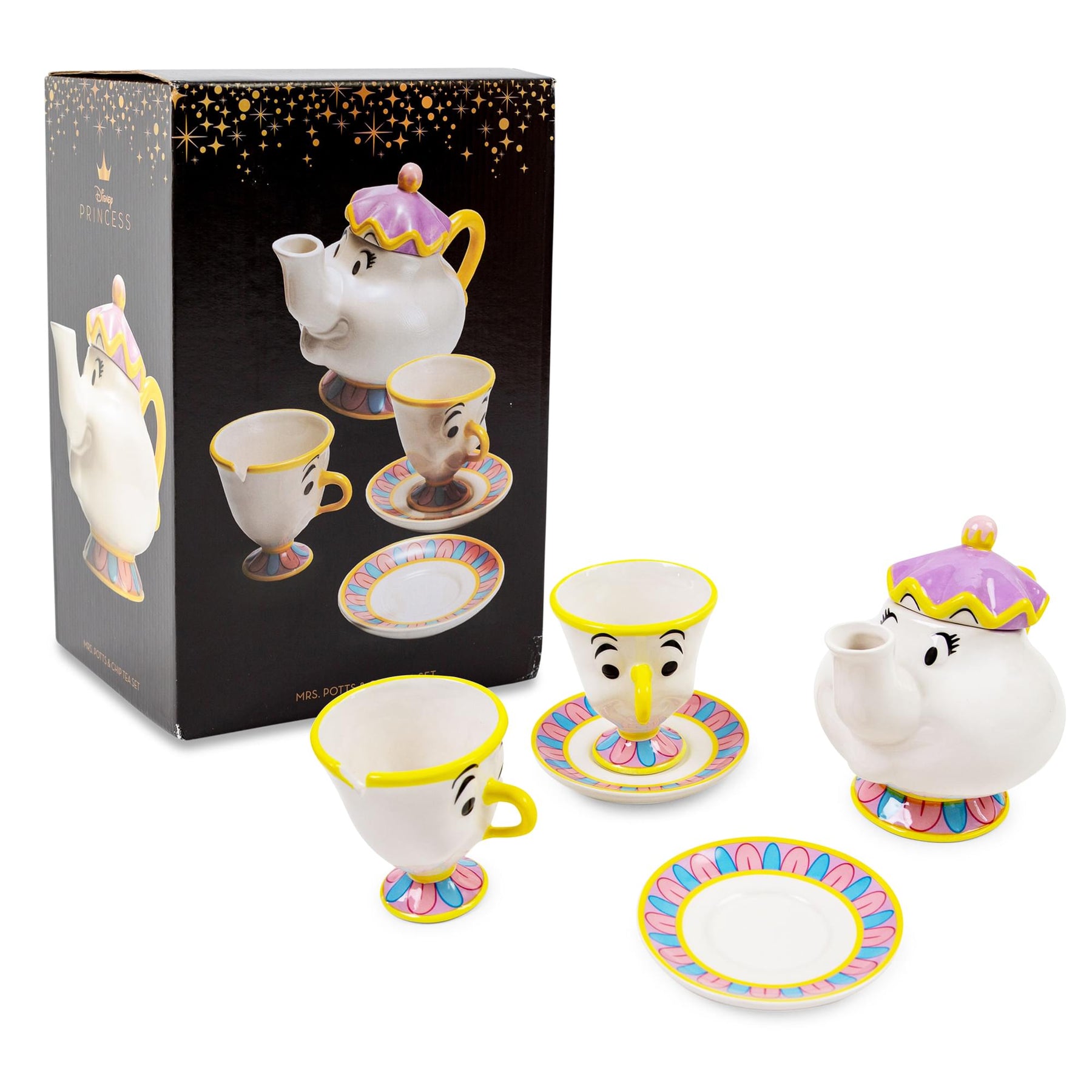 Disney Beauty and the Beast Mrs. Potts Teapot Set With 2 Chip Cups and Saucers