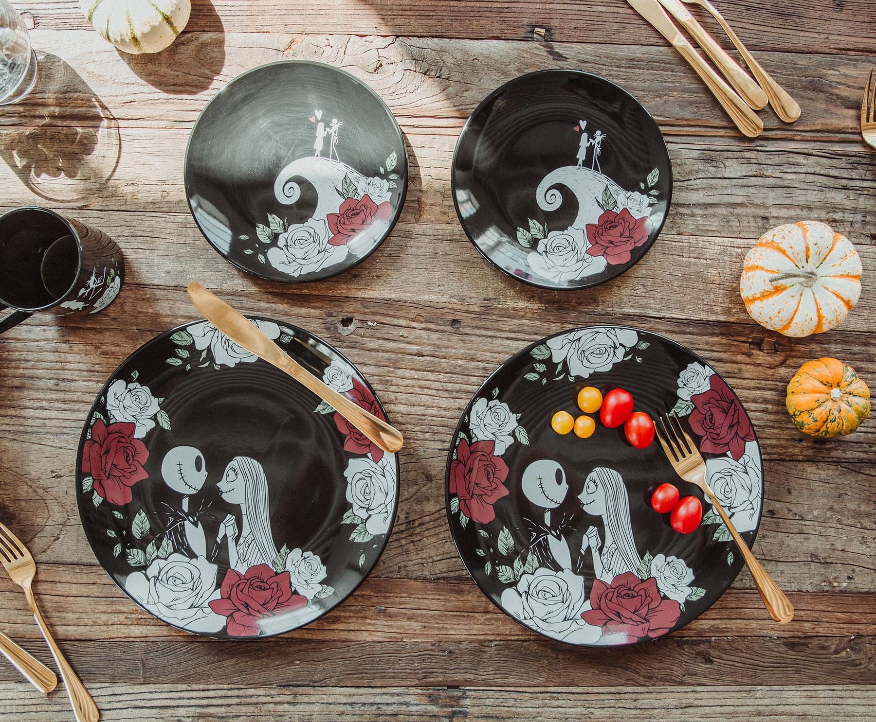 Disney Nightmare Before Christmas Jack and Sally Roses 16-Piece Dinnerware Set
