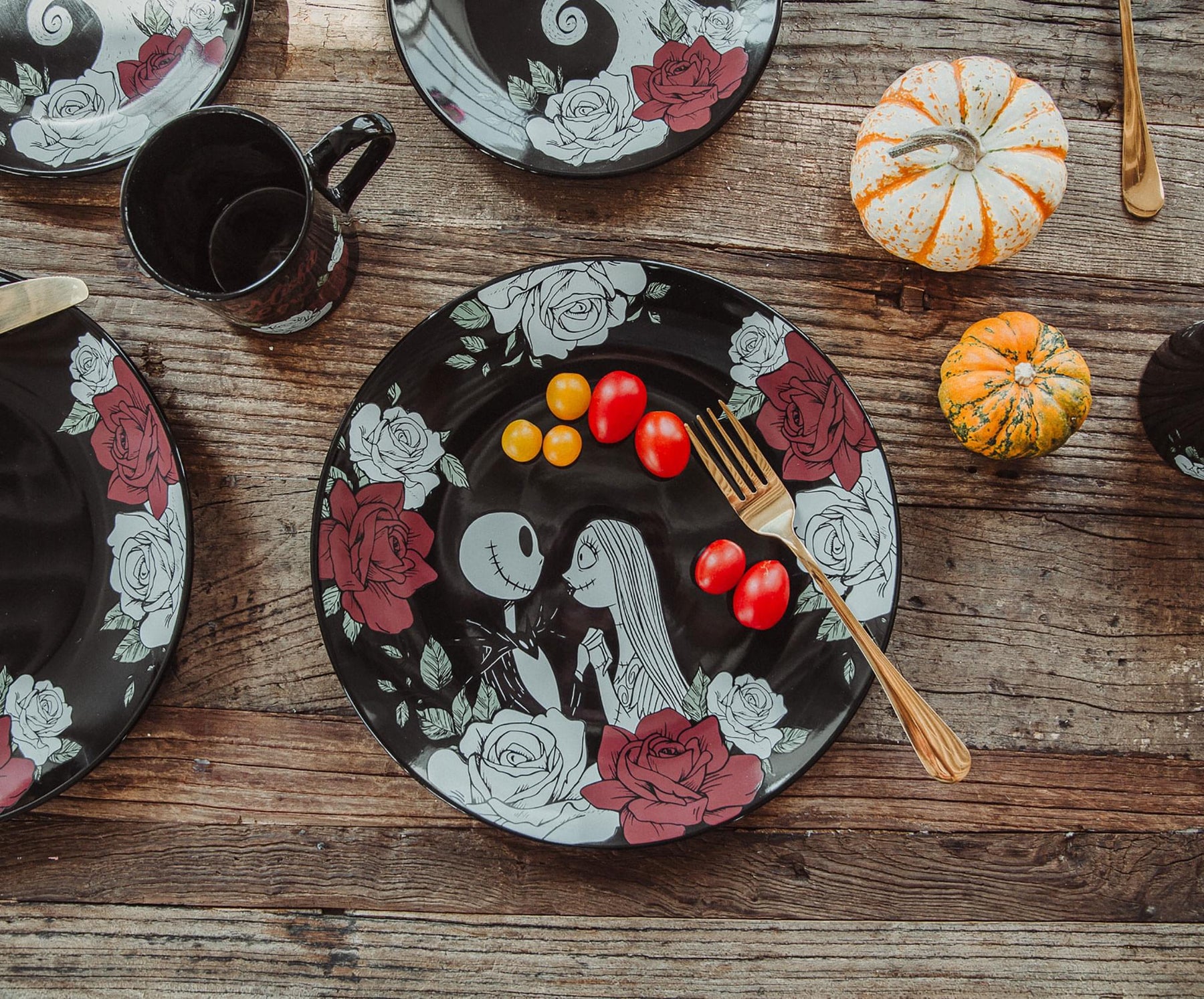 Disney Nightmare Before Christmas Jack and Sally Roses 16-Piece Dinnerware Set