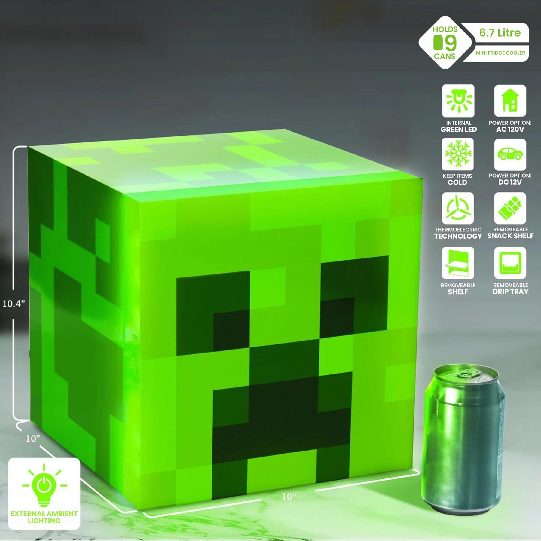 Minecraft Green Creeper 9 Can Mini Fridge 6.7L 10.4 x 10 x 10