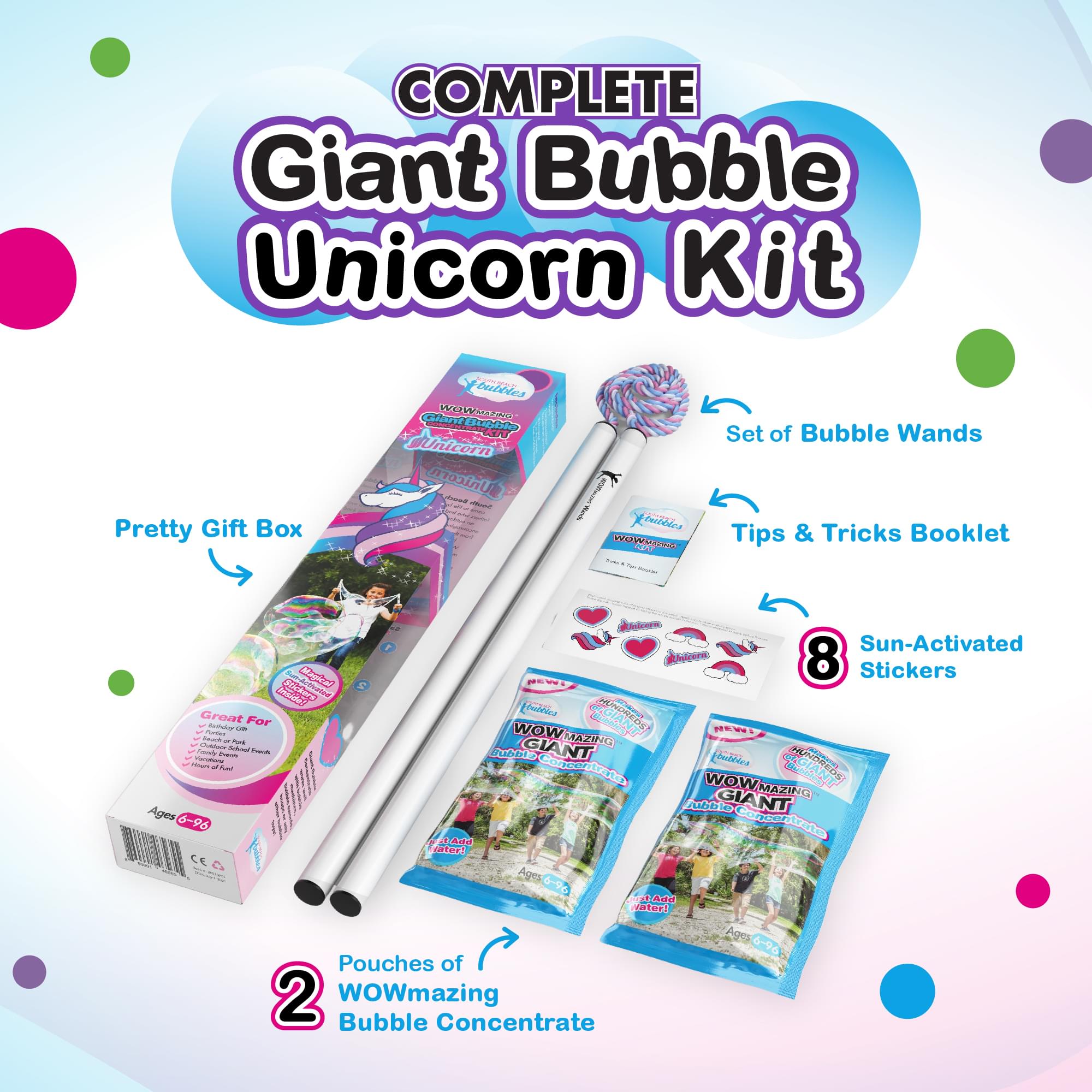 WOWmazing Unicorn Giant Bubble Kit | Wand + 2 Packets Bubble Concentrate + 8 Stickers