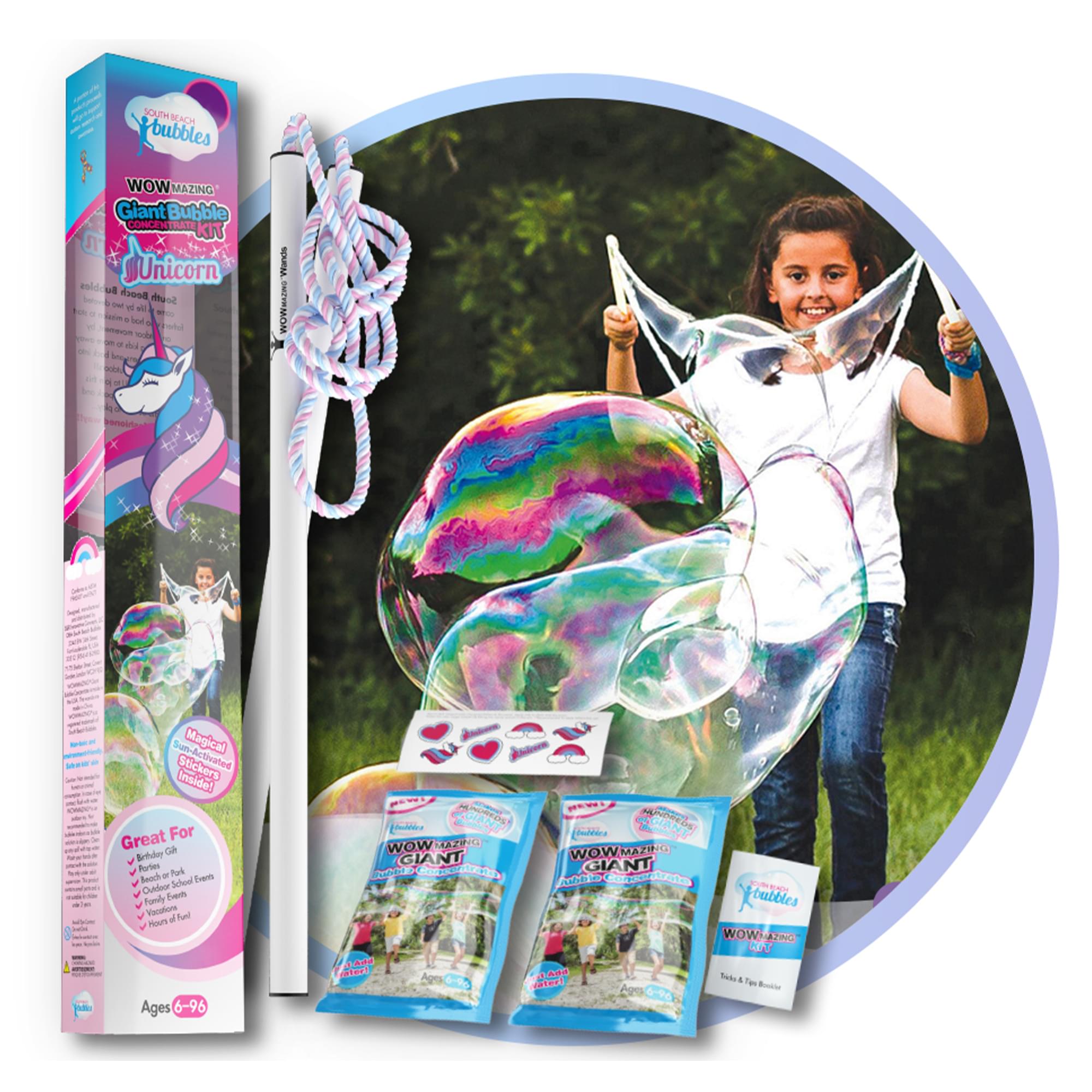 WOWmazing Unicorn Giant Bubble Kit | Wand + 2 Packets Bubble Concentrate + 8 Stickers