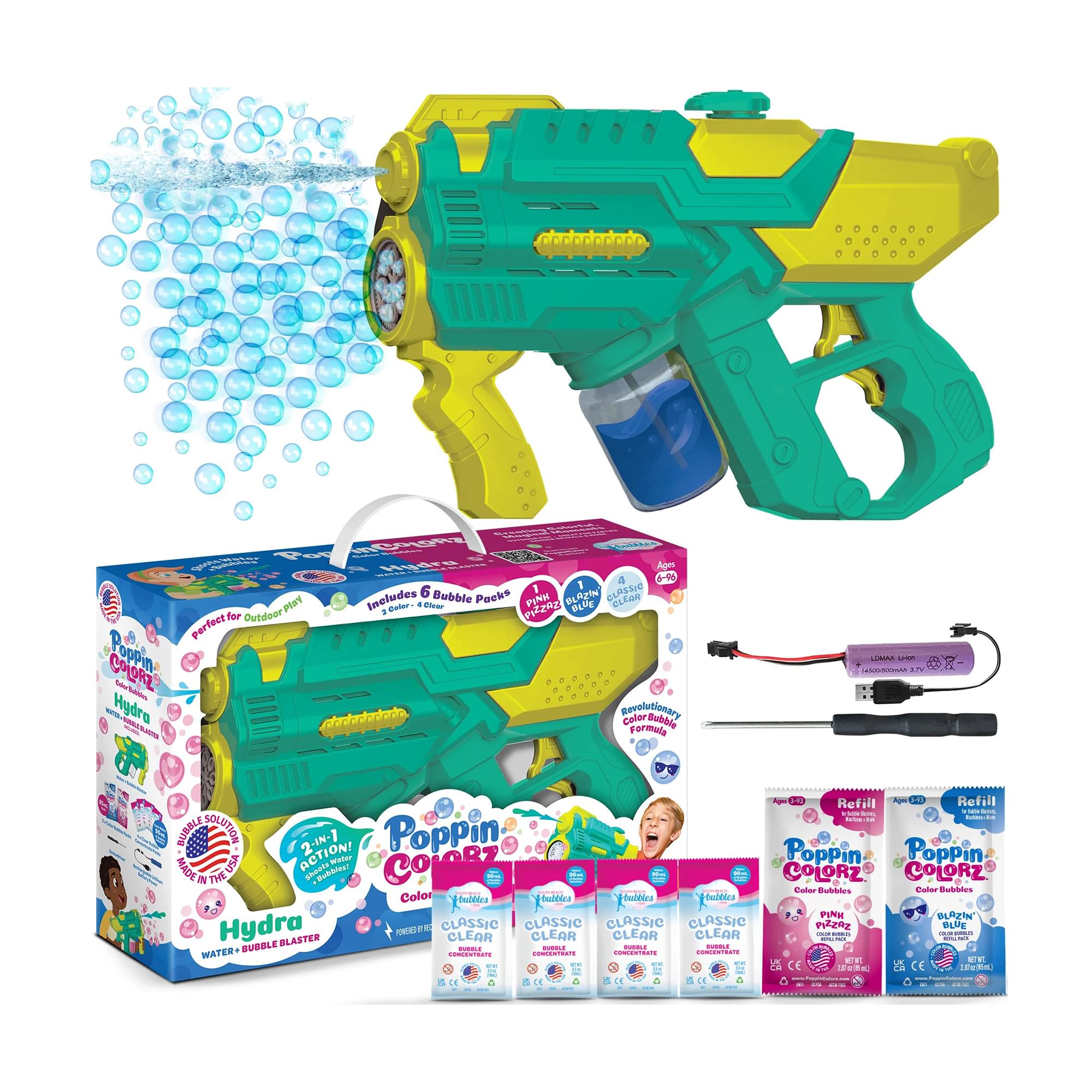 PoppinColorz Hydra Rechargeable 2-in-1 Color Bubbles Blaster and Water Gun
