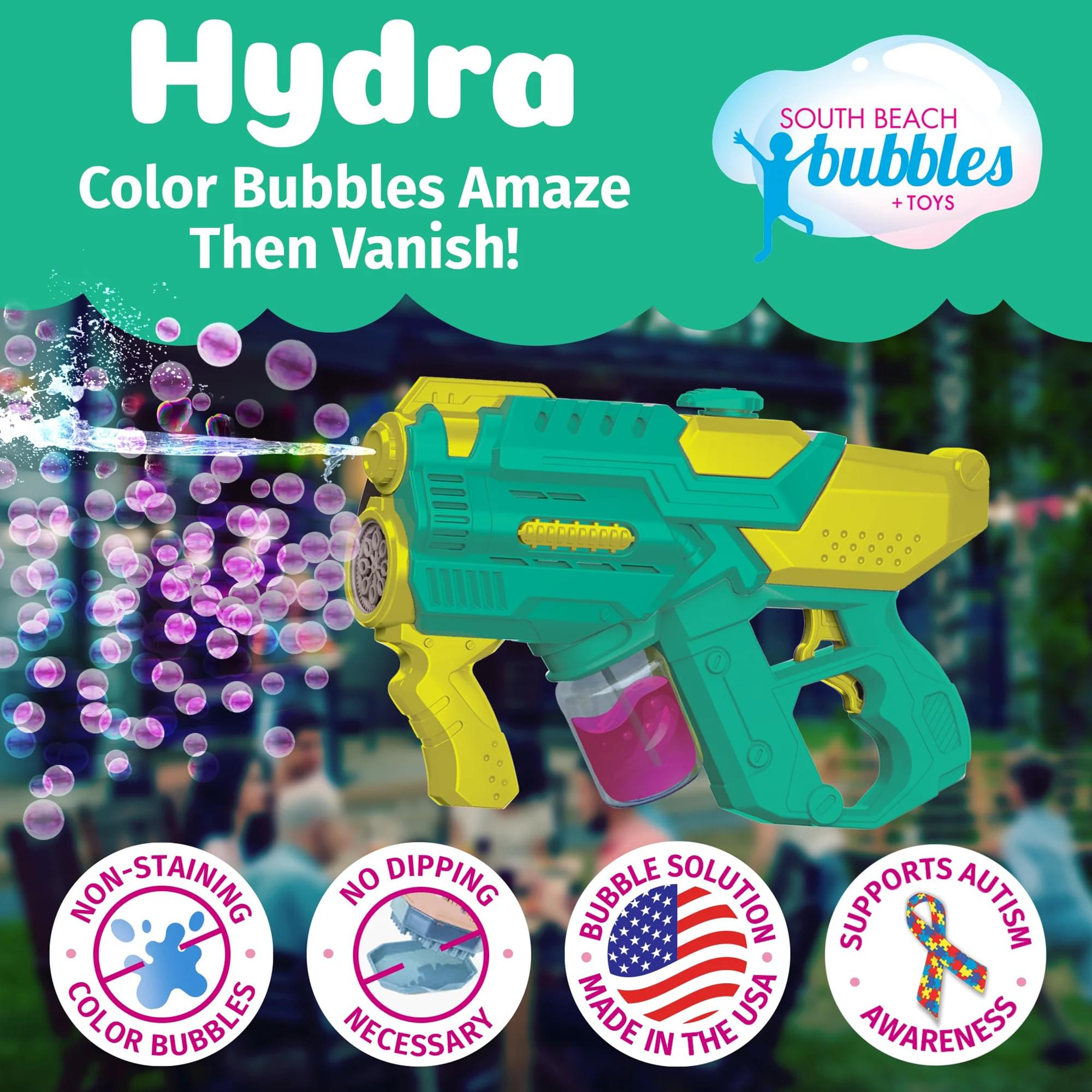 PoppinColorz Hydra Rechargeable 2-in-1 Color Bubbles Blaster and Water Gun