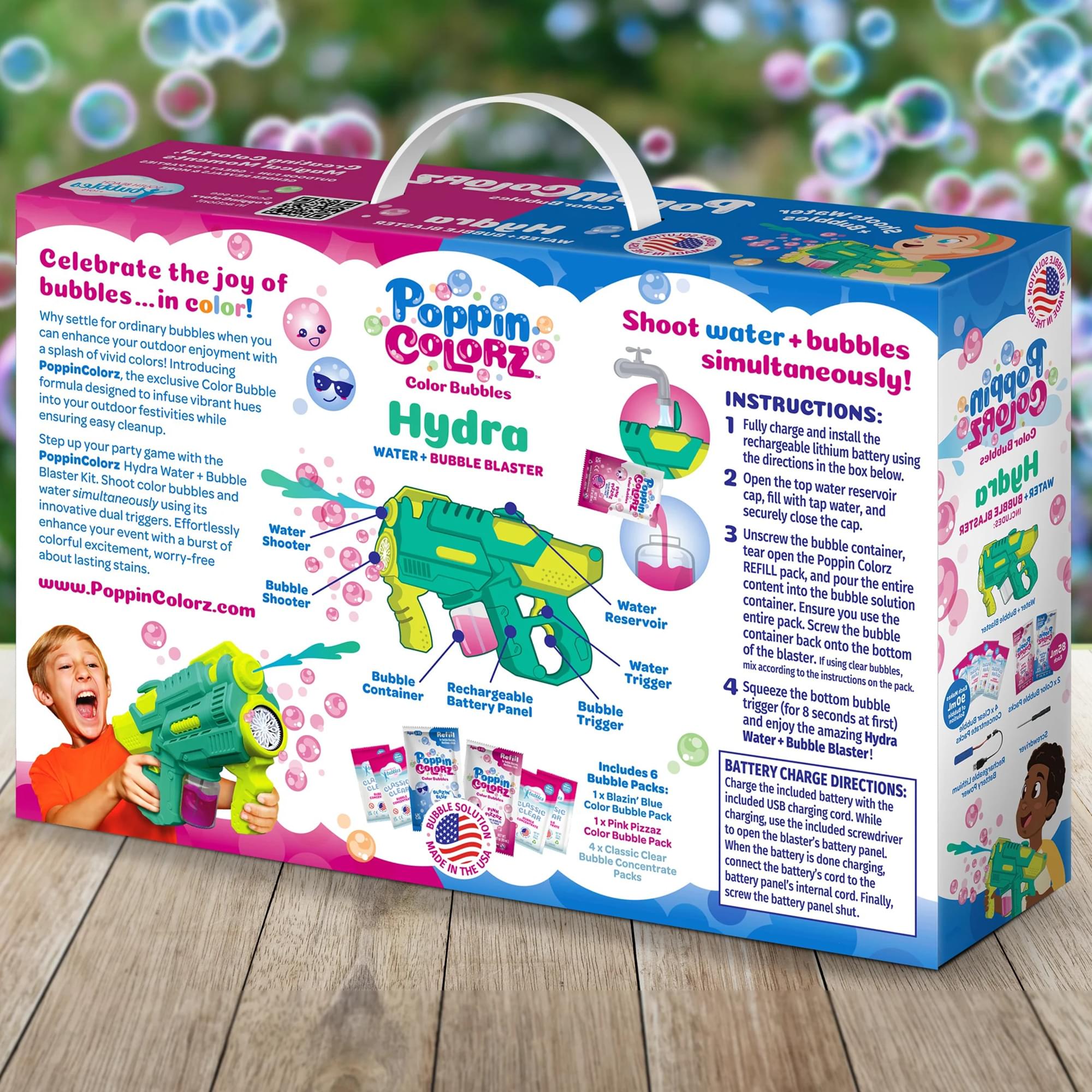 PoppinColorz Hydra Rechargeable 2-in-1 Color Bubbles Blaster and Water Gun