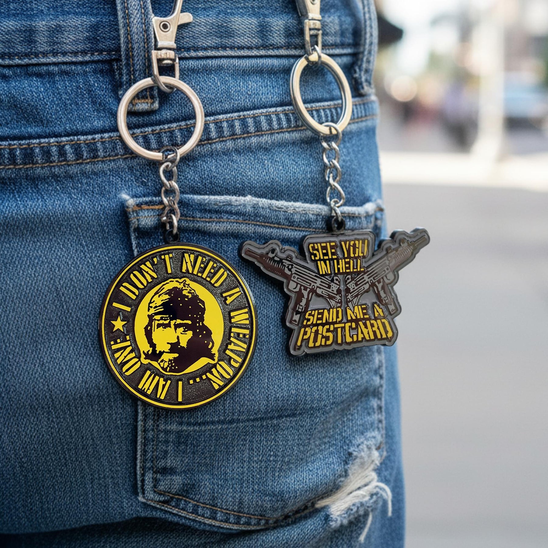 Invasion U.S.A Chuck Norris Movie Quotes 2-Inch Metal Keychains | Case Of 12