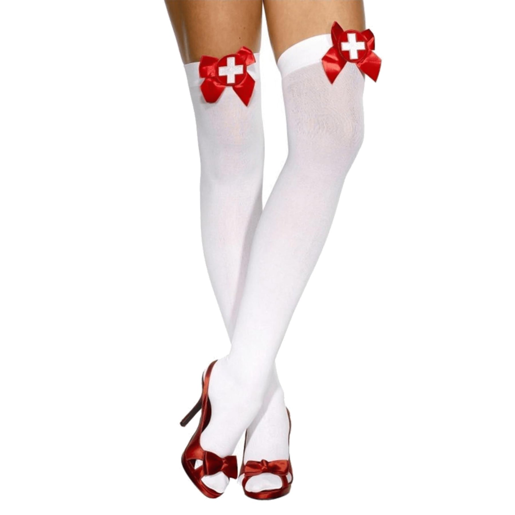 White Nurse Stockings with Red Bows Costume Accessory