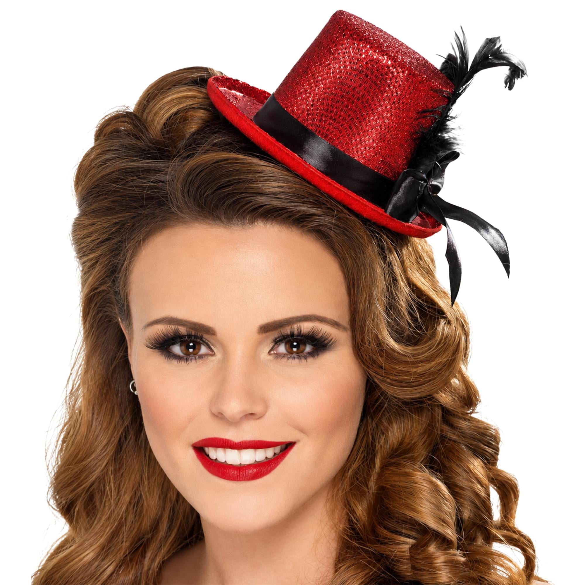 Red Mini Top Hat With Feather Adult Costume Accessory