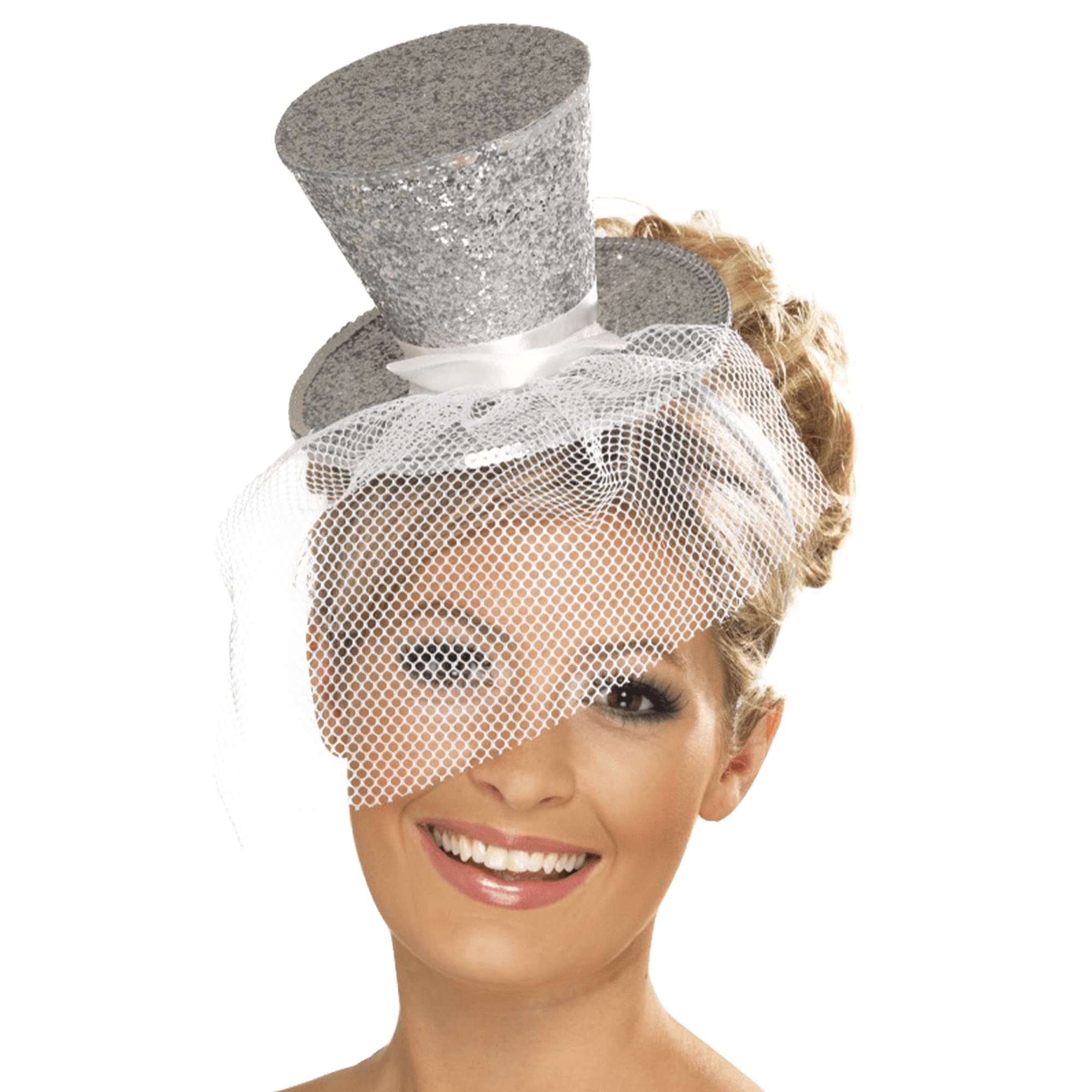 Silver Glitter Mini Top Hat Headband Costume Accessory