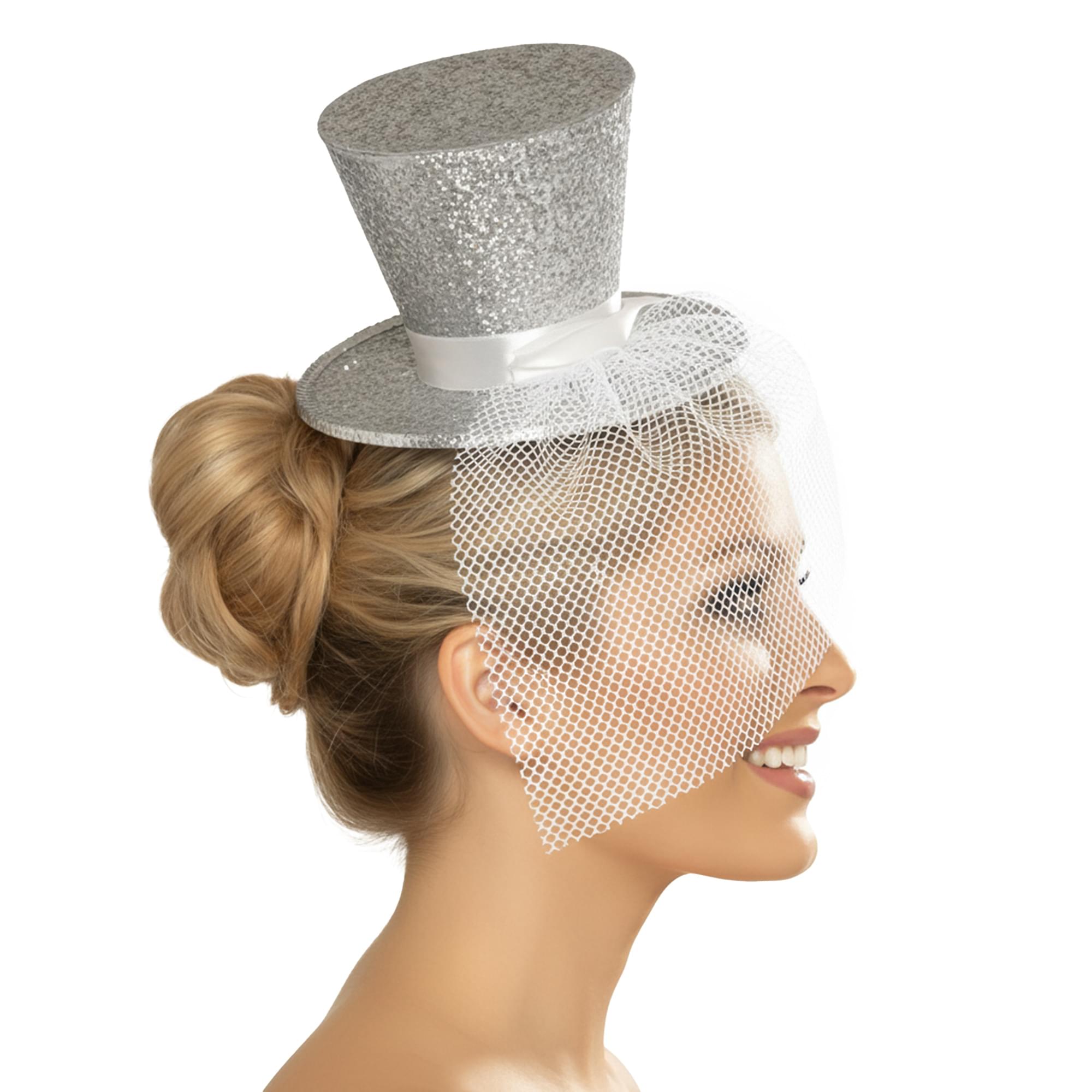 Silver Glitter Mini Top Hat Headband Costume Accessory