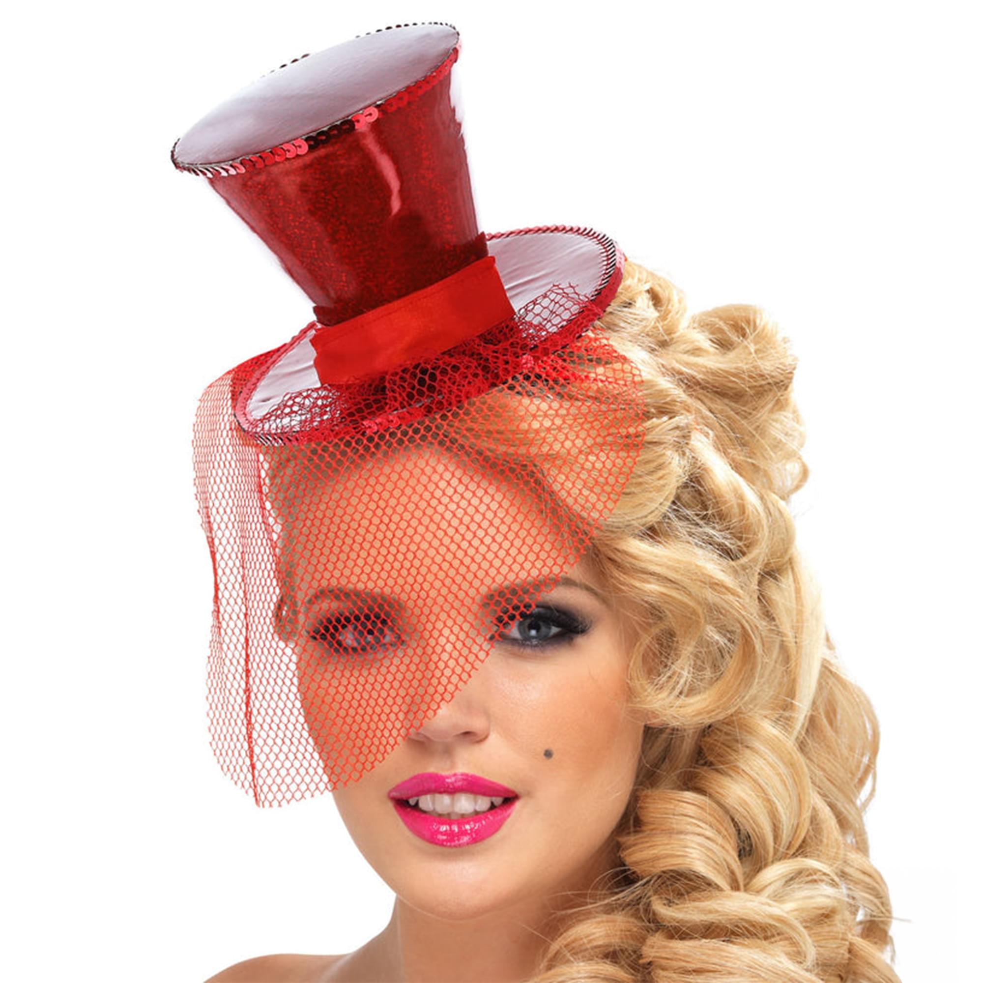 Red Glitter Mini Top Hat Headband Costume Accessory